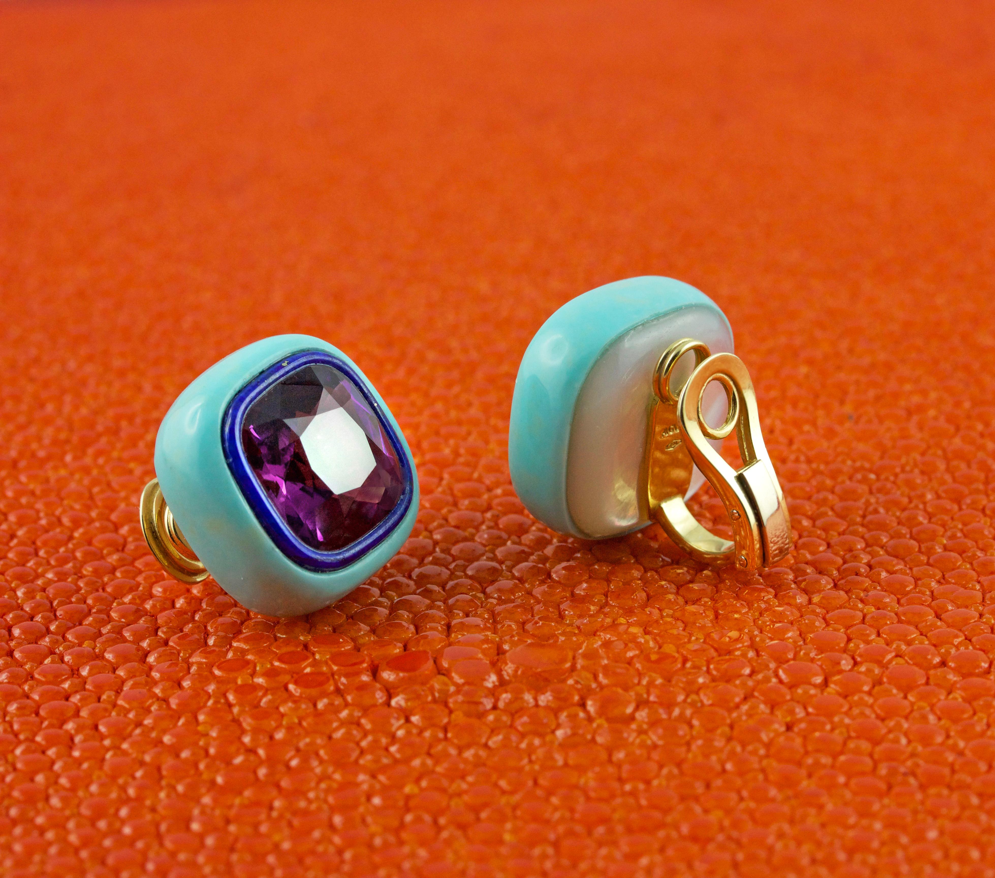 Pendientes Amatista Lapislázuli Turquesa Madreperla Oro Amarillo 18 Kilates Corte Asscher en venta