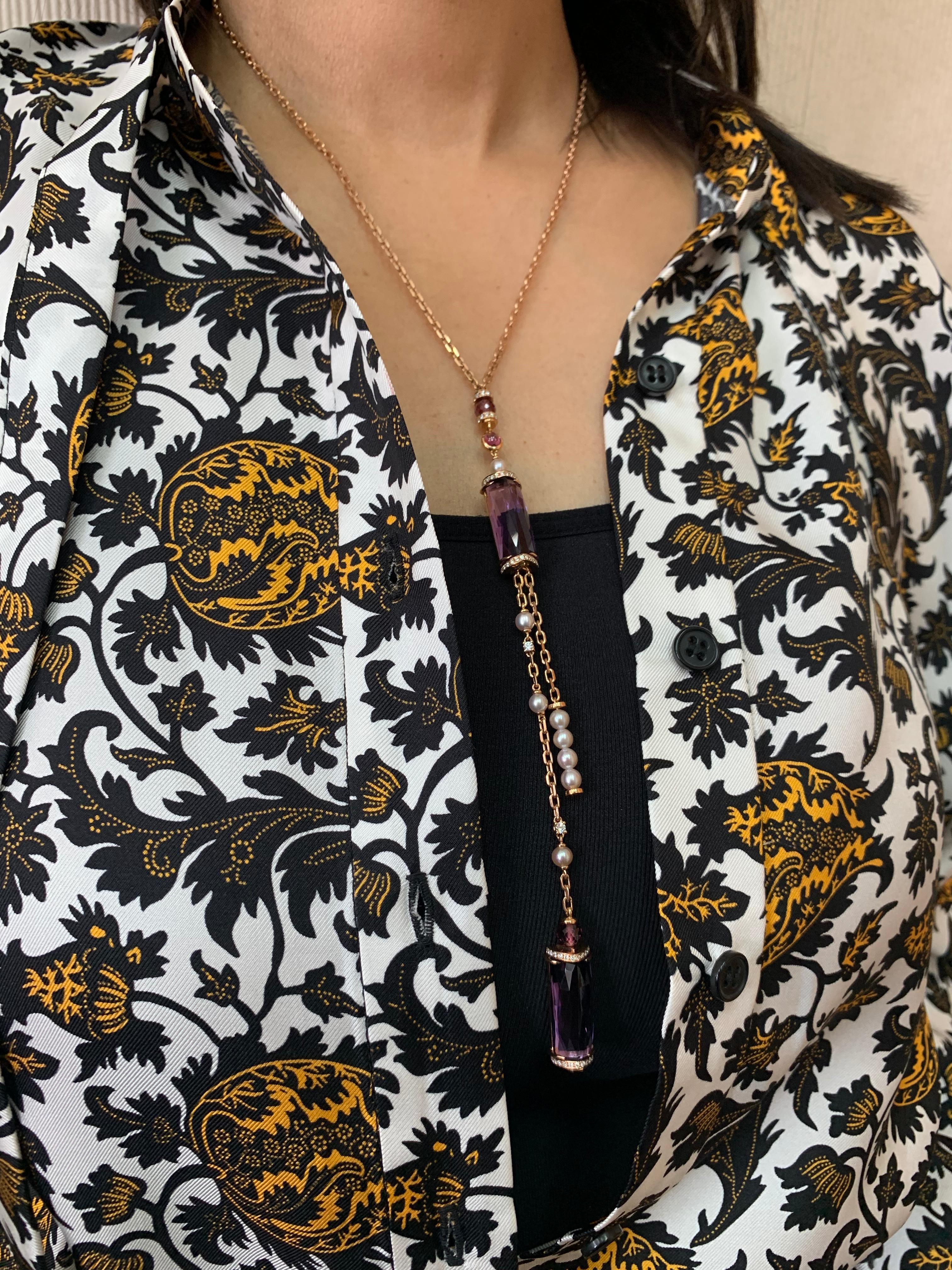 Contemporary Amethyst Lariat Necklace with Rhodolite, Pearl & Diamond in 18 Karat Rose Gold