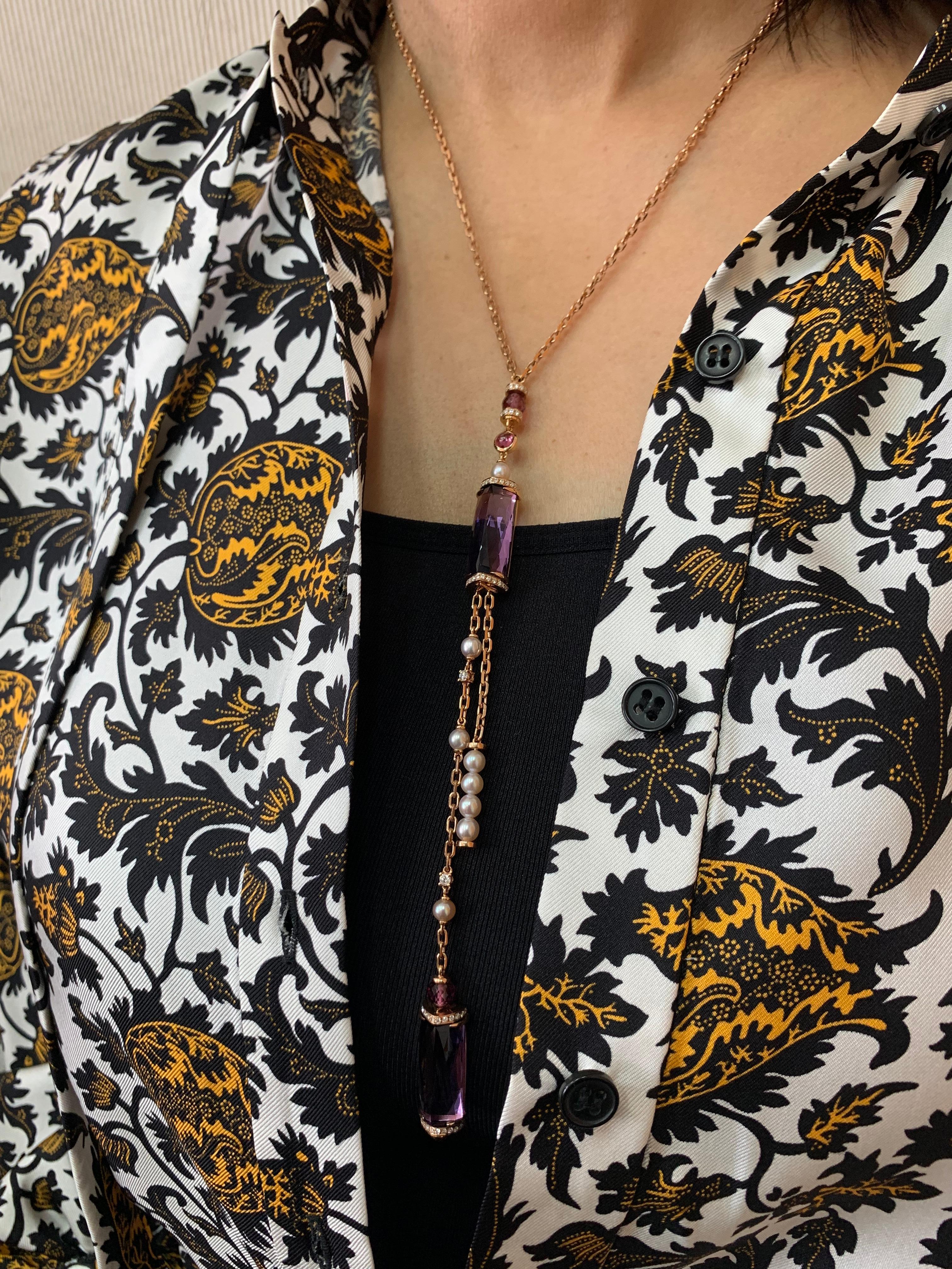 Baguette Cut Amethyst Lariat Necklace with Rhodolite, Pearl & Diamond in 18 Karat Rose Gold