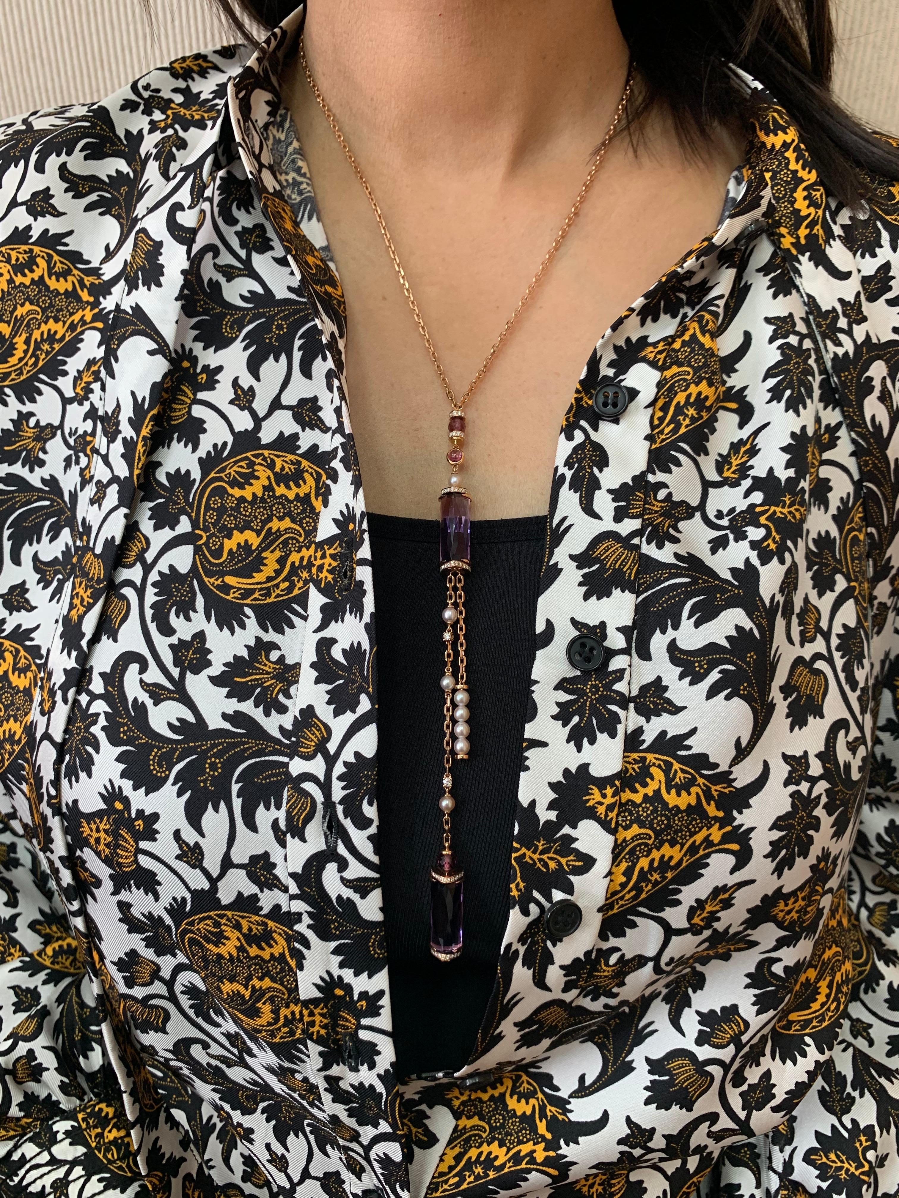 Amethyst Lariat Necklace with Rhodolite, Pearl & Diamond in 18 Karat Rose Gold In New Condition In Hong Kong, HK