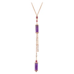 Amethyst Lariat Necklace with Rhodolite, Pearl & Diamond in 18 Karat Rose Gold