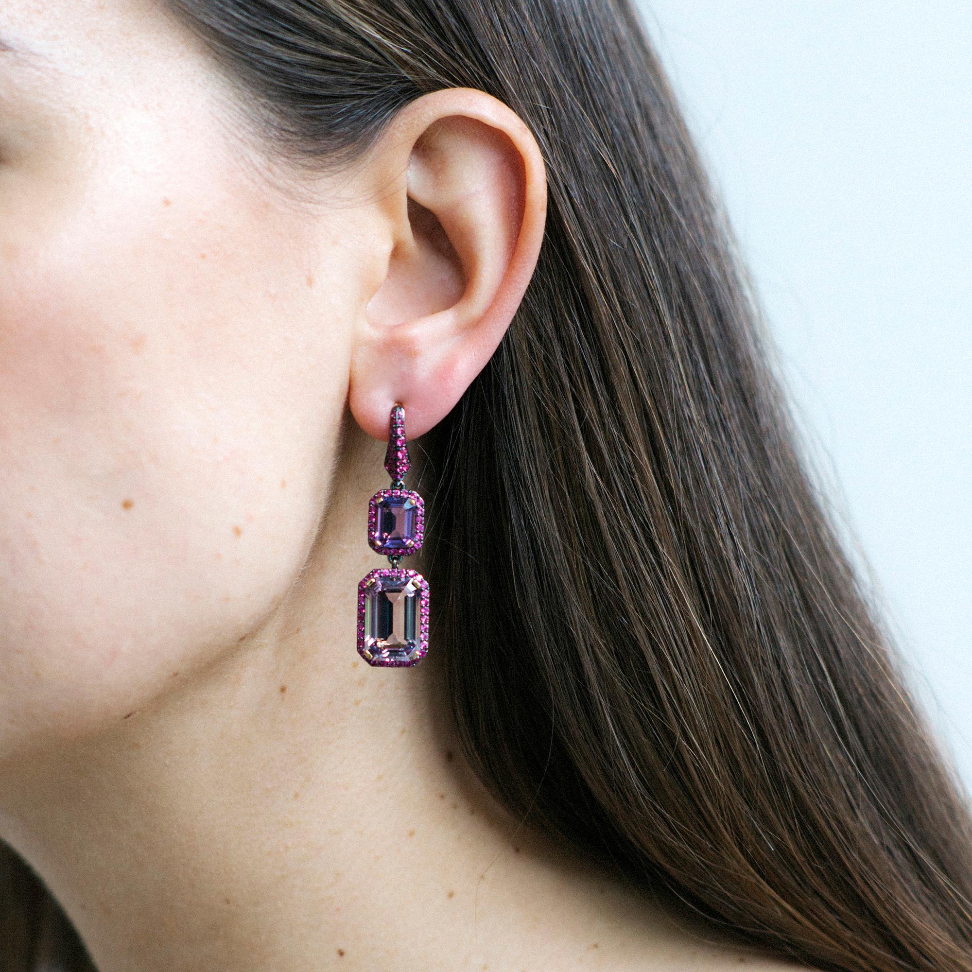 Emerald Cut Amethyst, Lavender and Pink Sapphire Earrings in 18K Yellow Gold and Light Black Rhodium, from 'Rain Forest' Collection

Stone Size: 9 x 7 mm & 10 x 15 mm

Gemstone Approx Wt  Amethyst - 3.92 Carats. 
                                    