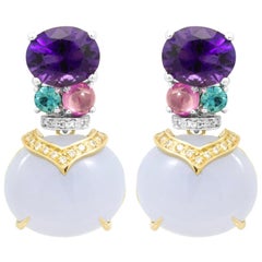  Amethyst, Lavender Chalcedony and White Diamond Drop Cocktail Earrings