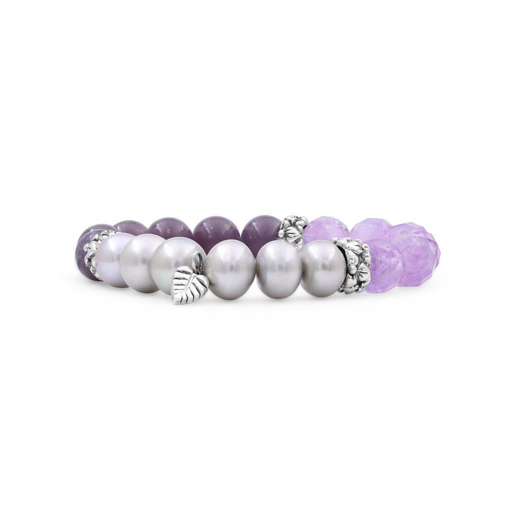 Amethyst-Lavendel-Jade und Perlen-Stretch-Armband aus Sterlingsilber