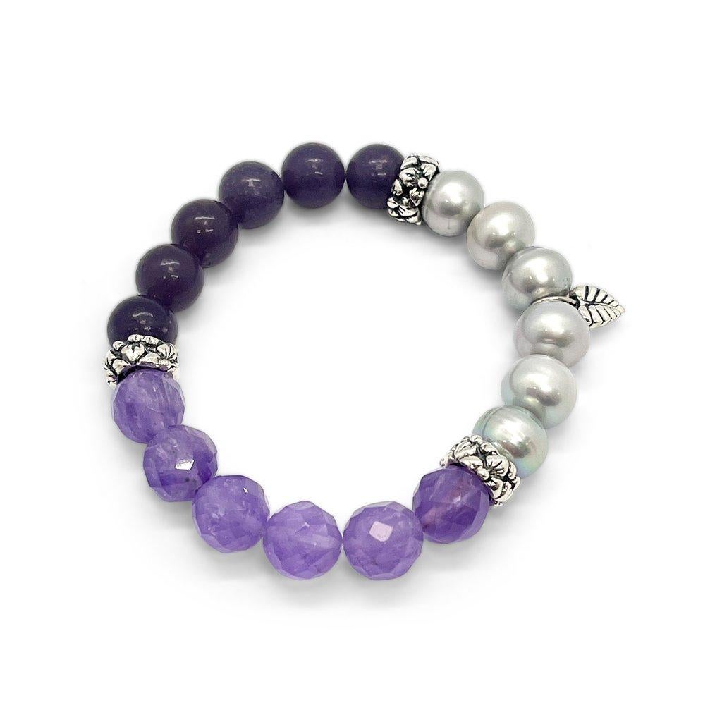 Artisan Amethyst Lavender Jade and Pearl Stretch Bracelet in Sterling Silver For Sale