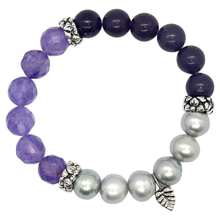 Amethyst Lavender Jade and Pearl Stretch Bracelet in Sterling Silver For Sale
