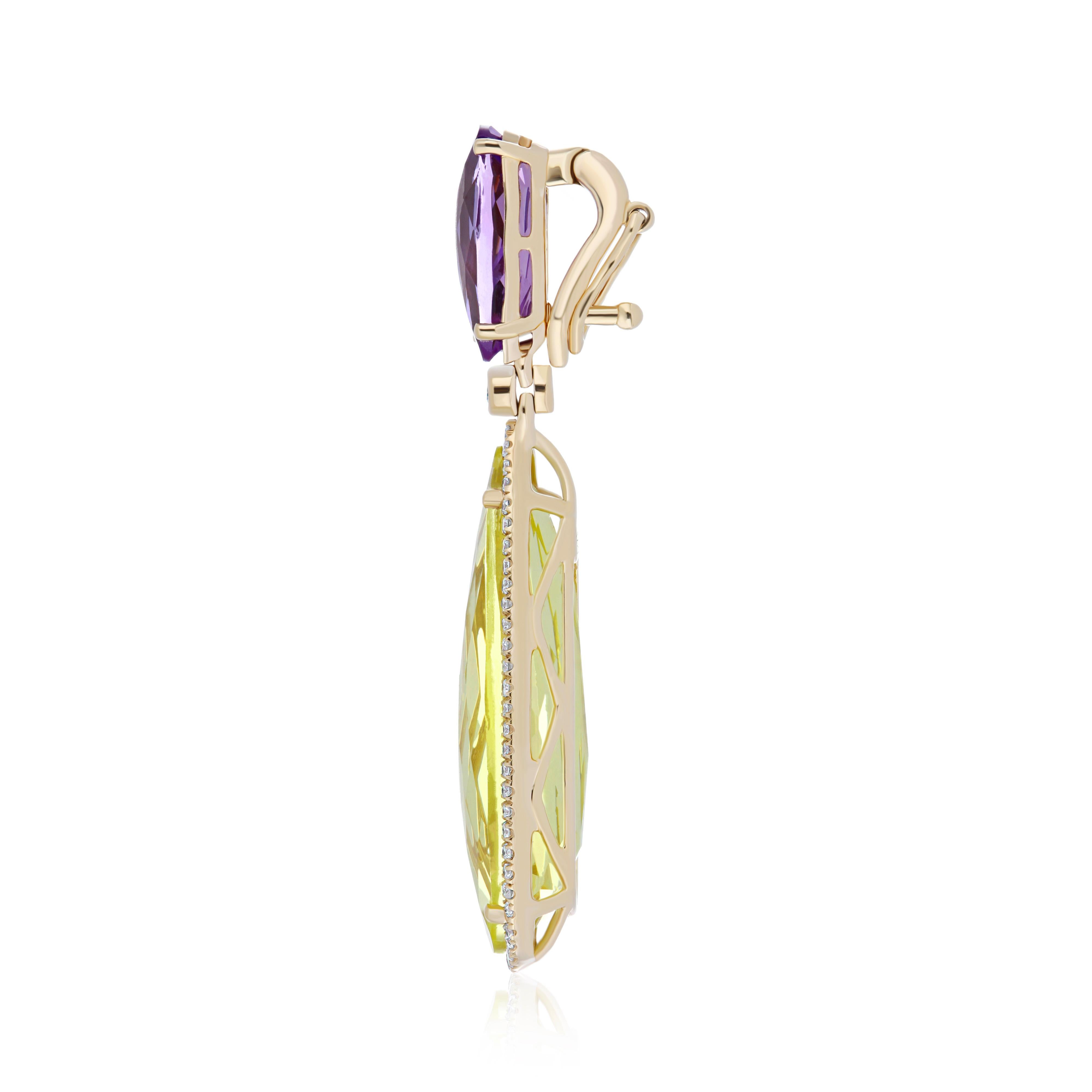 Elegant and Exquisitely Detailed 14Karat Yellow Gold Pendant in Fancy Shape Lemon Citrine weighing approx. 9.82Cts, set in contrast with 1.90Cts Amethyst in Fancy Shape  and micro pave Set Diamond weighing approx. 0.25Cts Beautifully Hand-Crafted