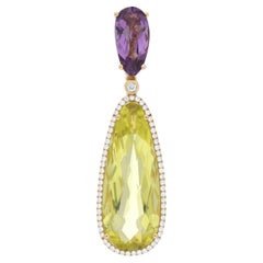  Pendentif fait main en or jaune 14 carats avec citrine citron, améthyste et diamants