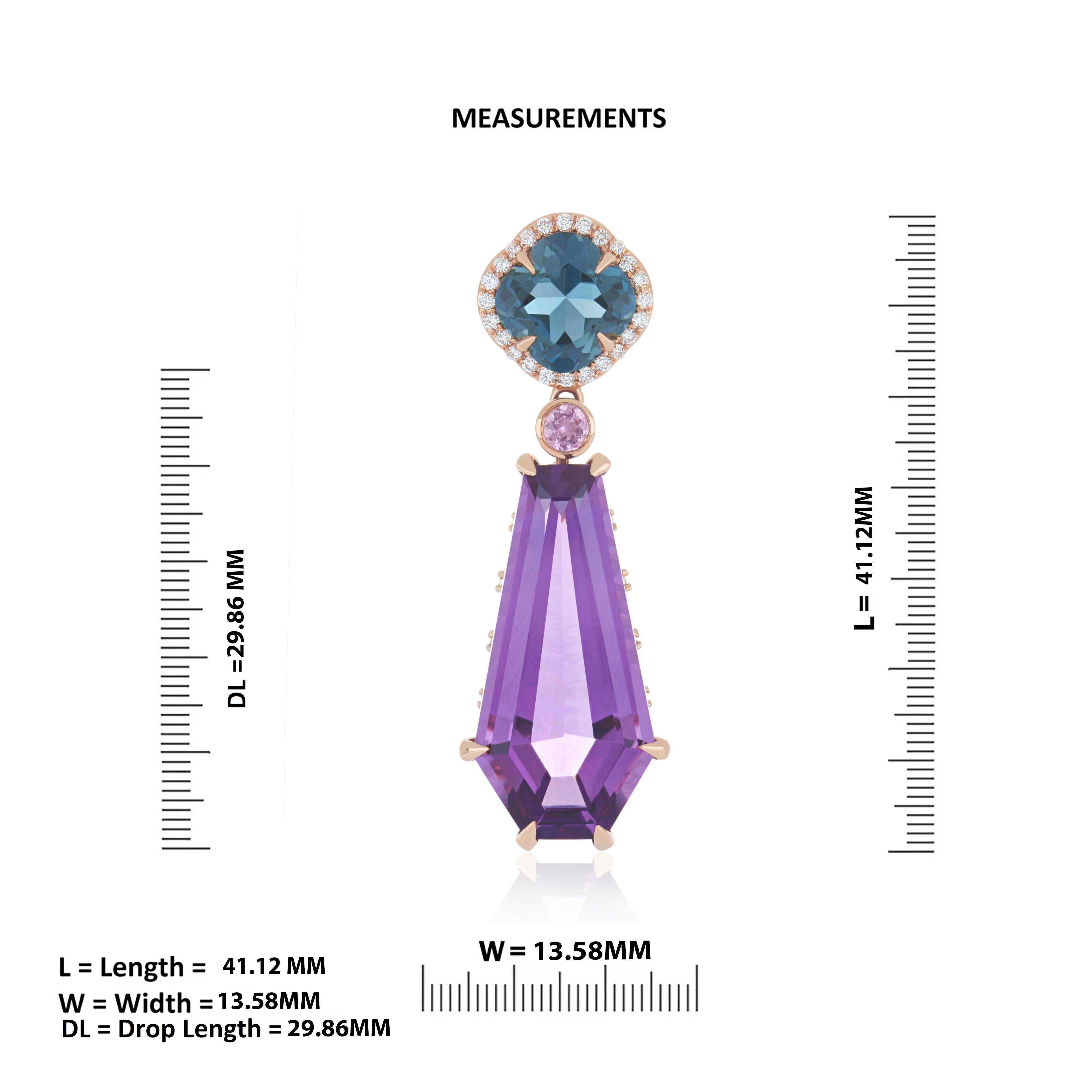 Amethyst, London Blue Topaz and Diamond 18k Rose Gold Pendant Earring Set For Sale 5