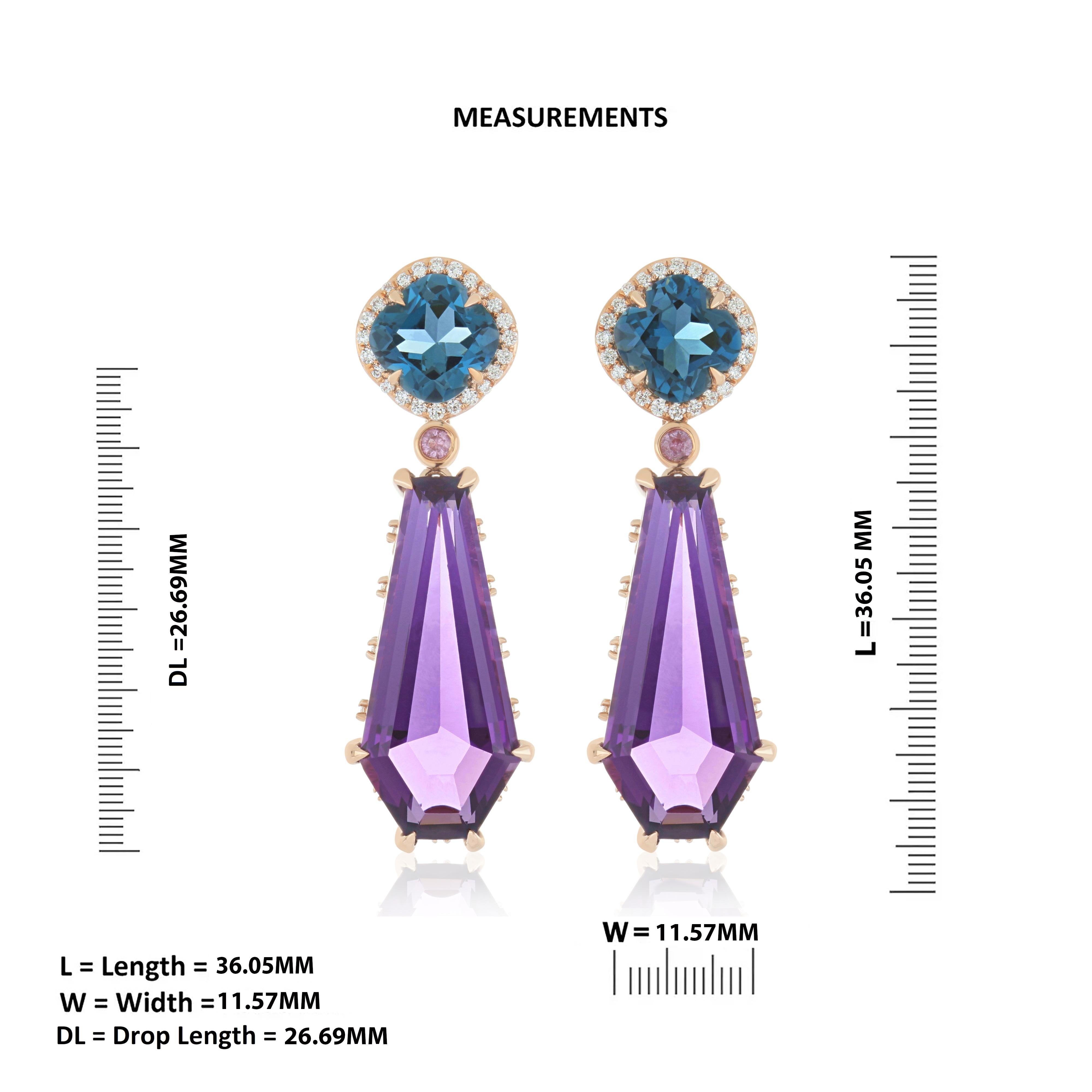 Mixed Cut Amethyst, London Blue Topaz and Diamond 18k Rose Gold Pendant Earring Set For Sale