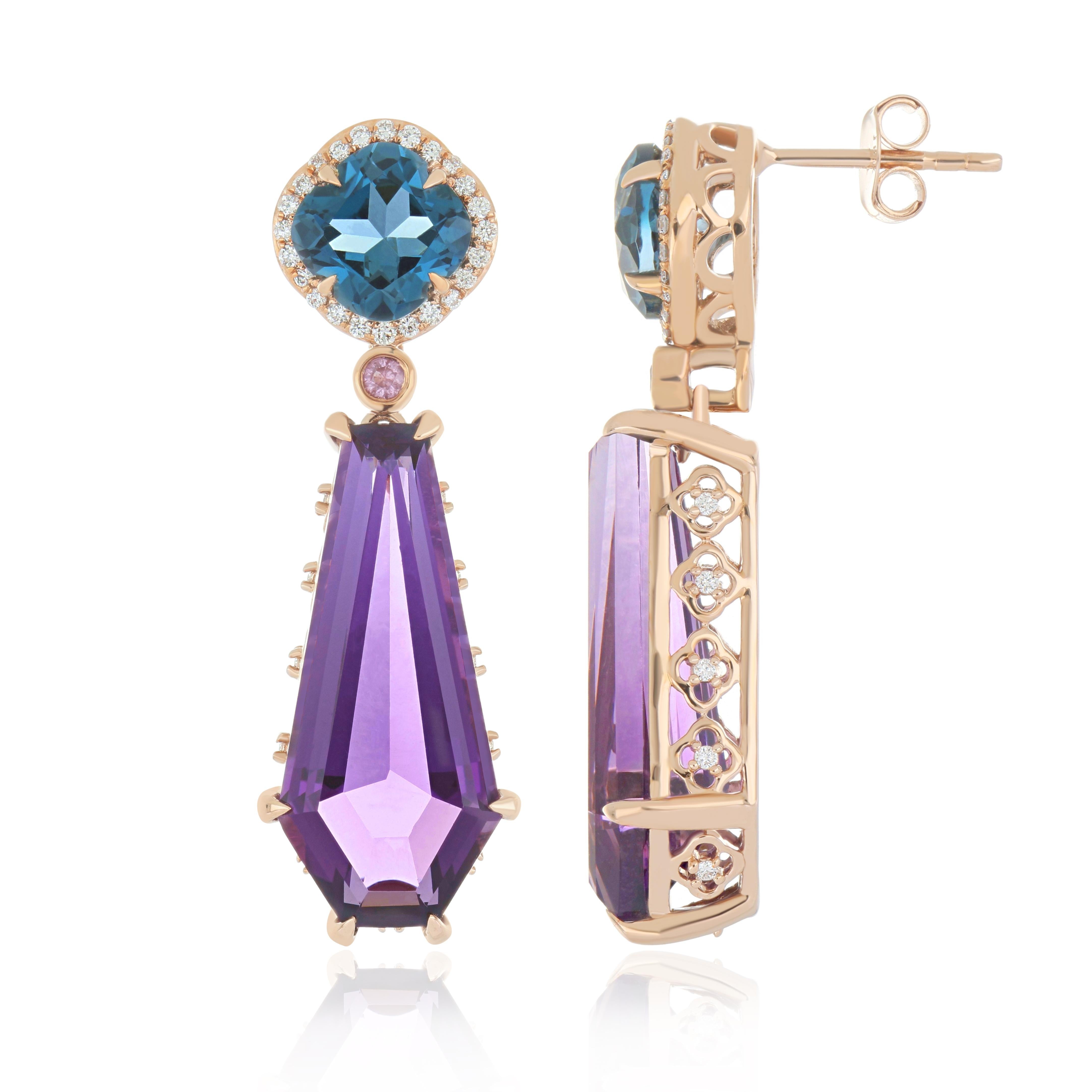 Amethyst, London Blue Topaz and Diamond 18k Rose Gold Pendant Earring Set In New Condition For Sale In JAIPUR, IN