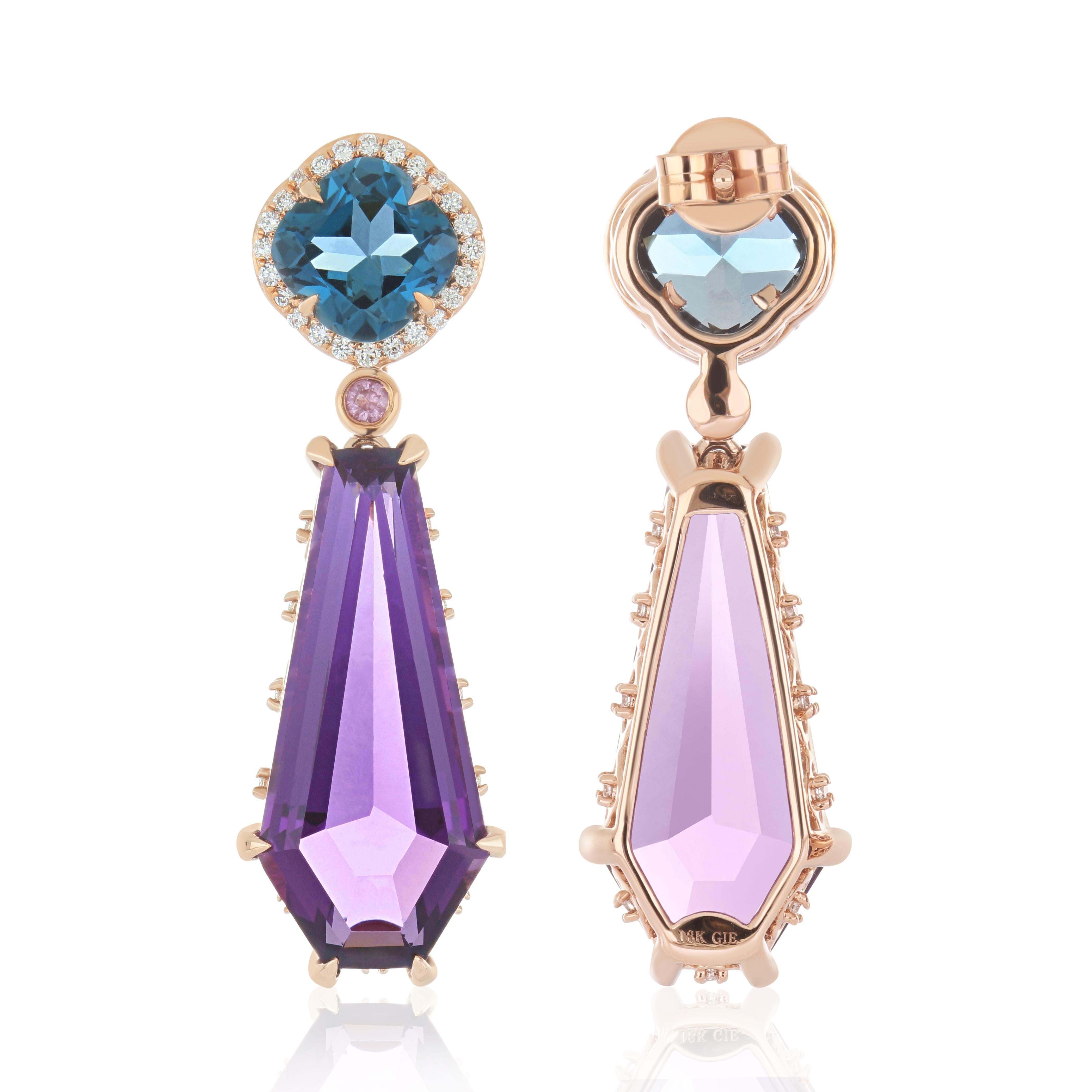 Women's Amethyst, London Blue Topaz and Diamond 18k Rose Gold Pendant Earring Set For Sale