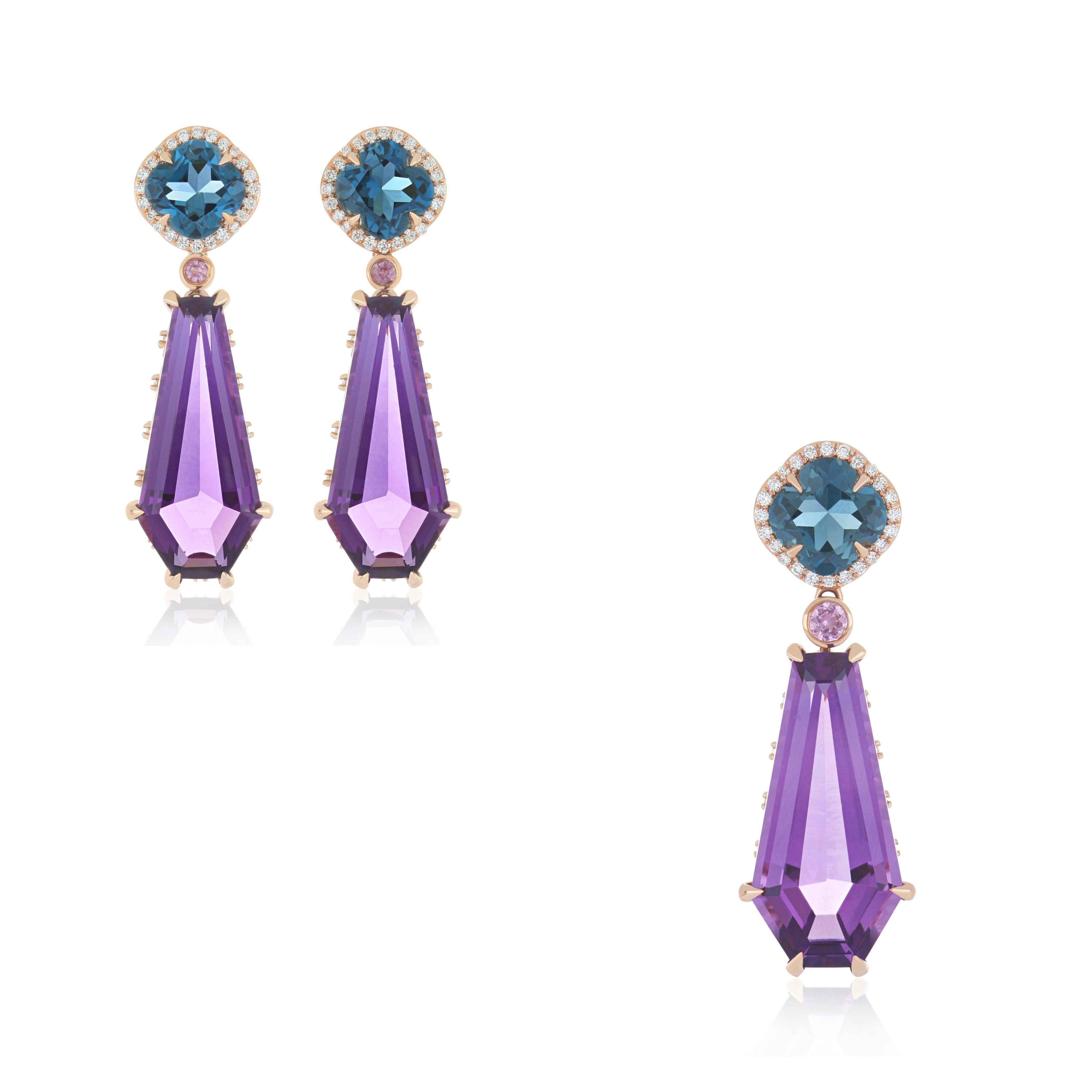 Amethyst, London Blue Topaz and Diamond 18k Rose Gold Pendant Earring Set For Sale 1