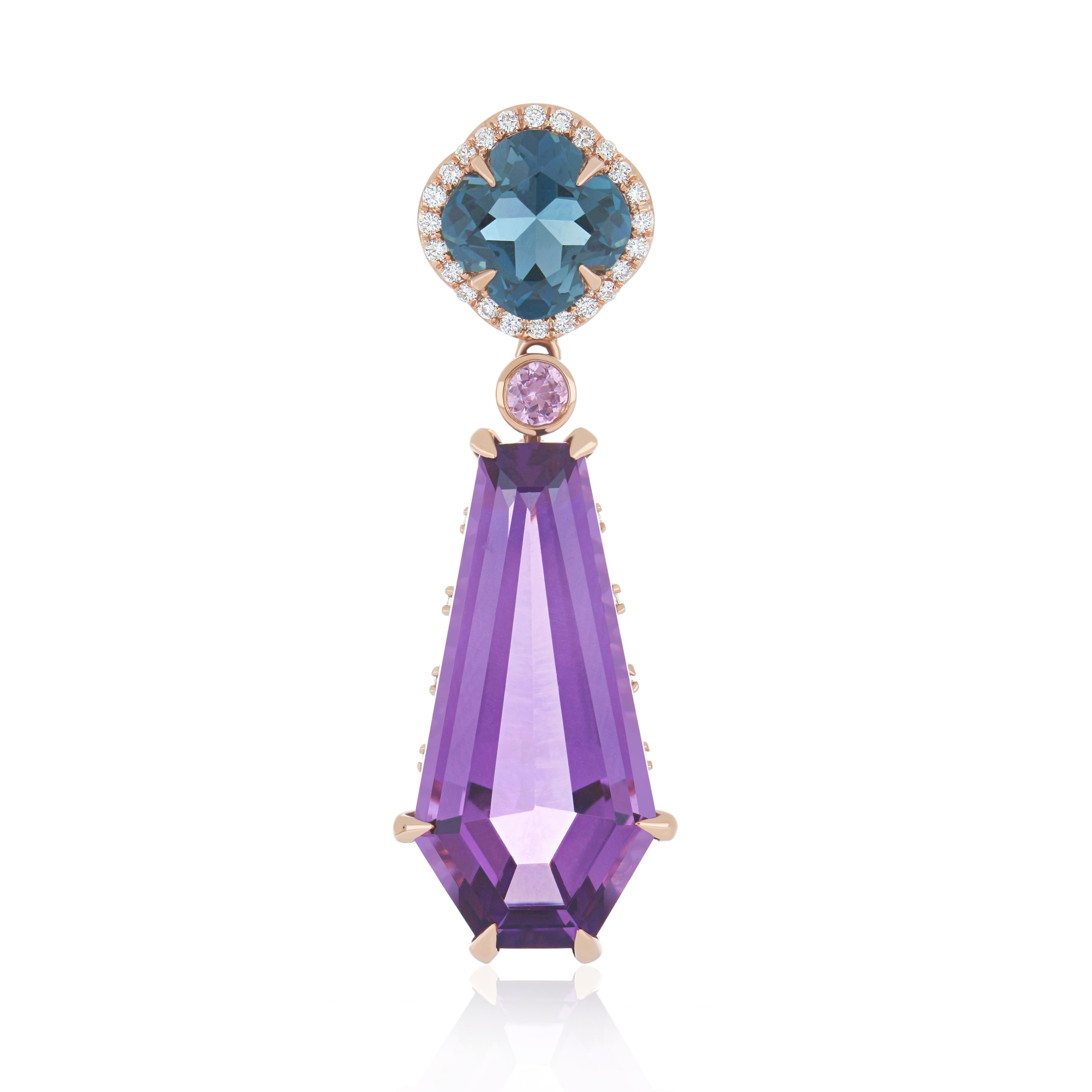 Amethyst, London Blue Topaz and Diamond 18k Rose Gold Pendant Earring Set For Sale 4