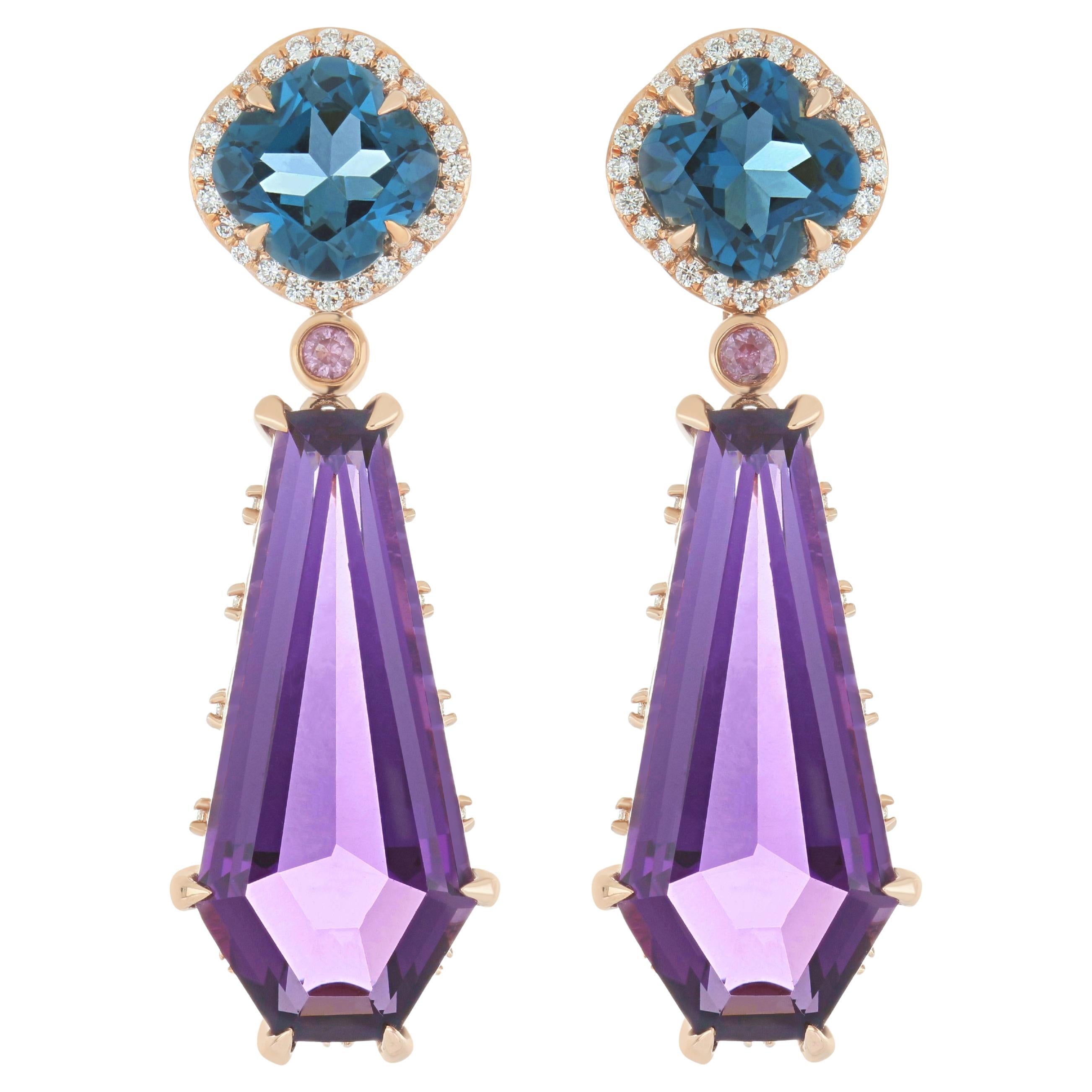 Amethyst, London Blue Topaz, Pink Sapphire and Diamond Set 18k Rose Gold Earring