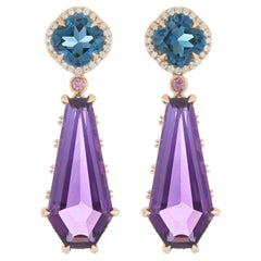 Boucles d'oreilles en or rose 18 carats serties d'améthyste, de topaze bleue de Londres, de saphir rose et de diamants