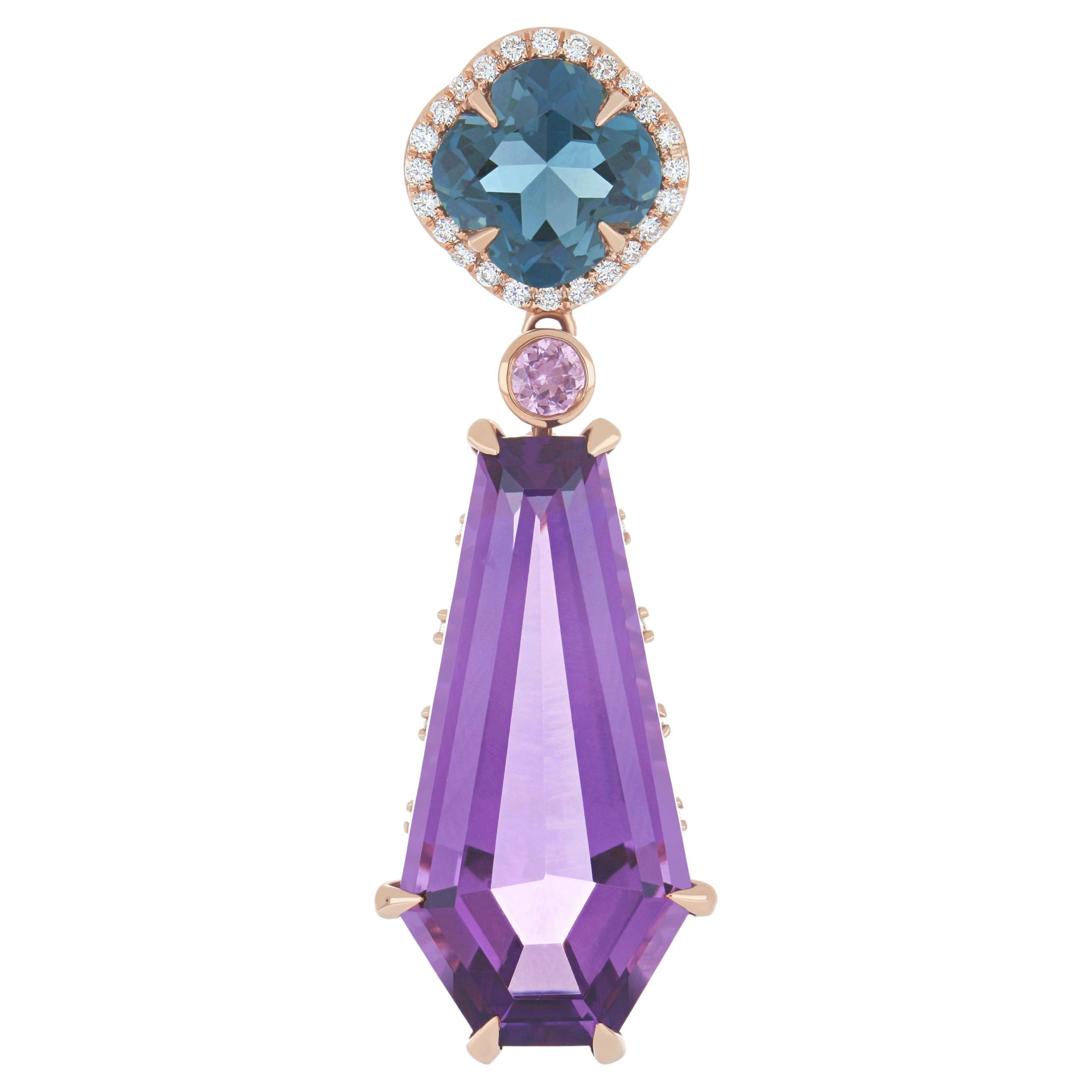 Amethyst, London Blue Topaz, Pink Sapphire and Diamond Set 18k Rose Gold Pendant