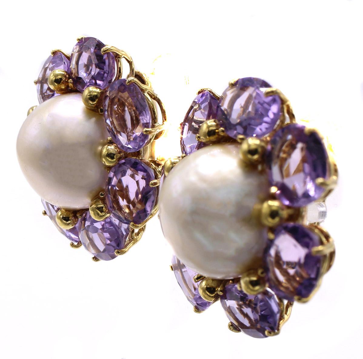 Oval Cut Amethyst Mabe Pearl 18 Karat Yellow Gold Ear Clips For Sale