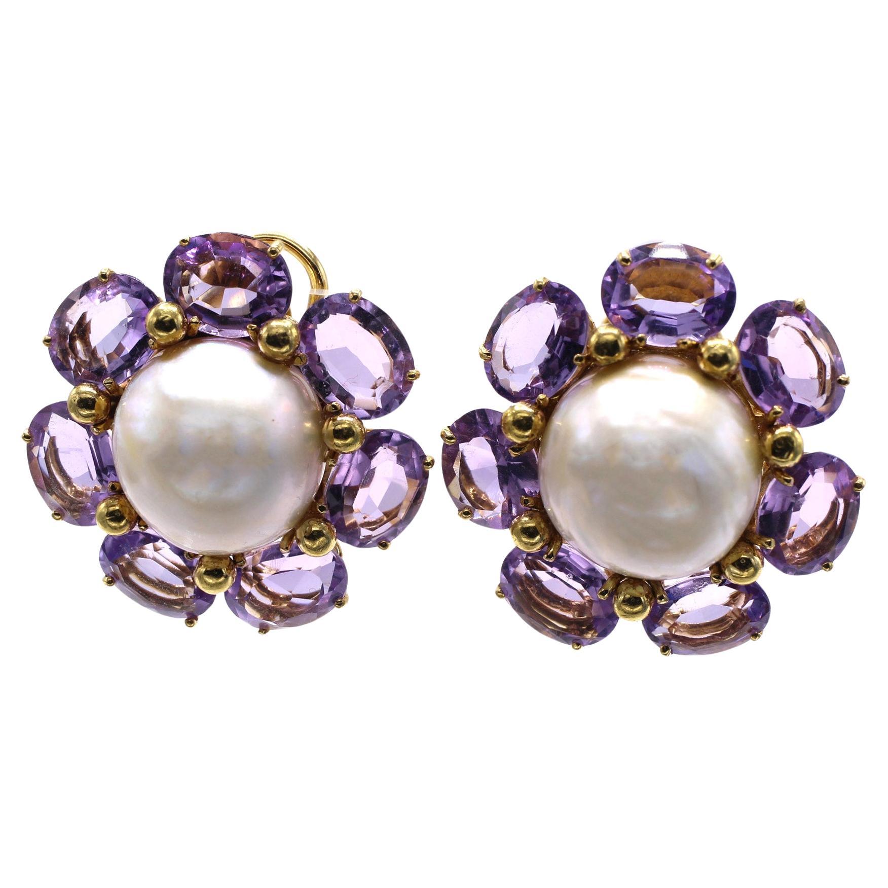 Amethyst Mabe Pearl 18 Karat Yellow Gold Ear Clips For Sale