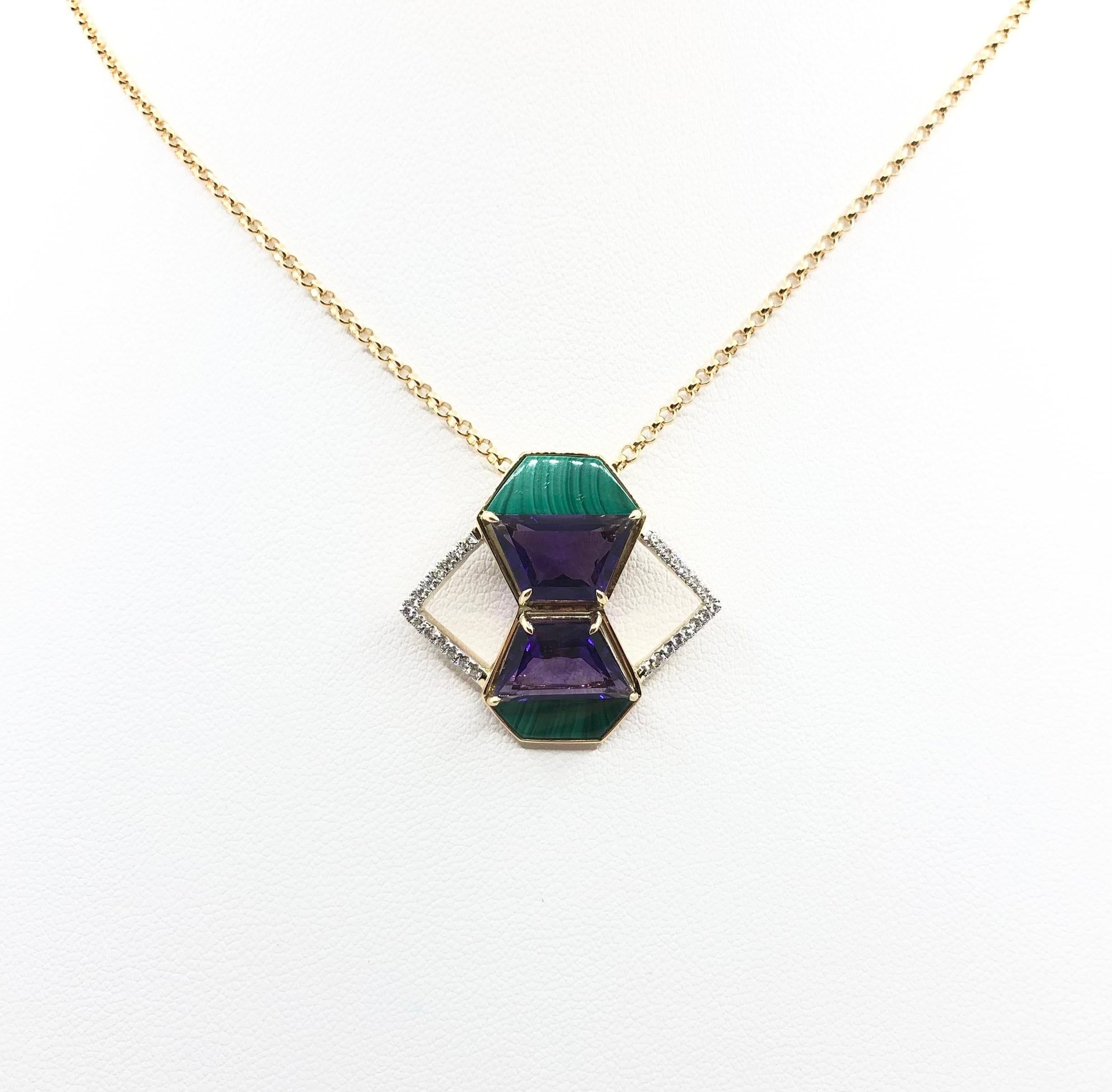 Amethyst 4.35 carats, Malachite and Diamond 0.14 carat Pendant set in 18 Karat Gold Settings
(chain not included)

Width: 2.7 cm 
Length: 2.5 cm
Total Weight: 4.57 grams

