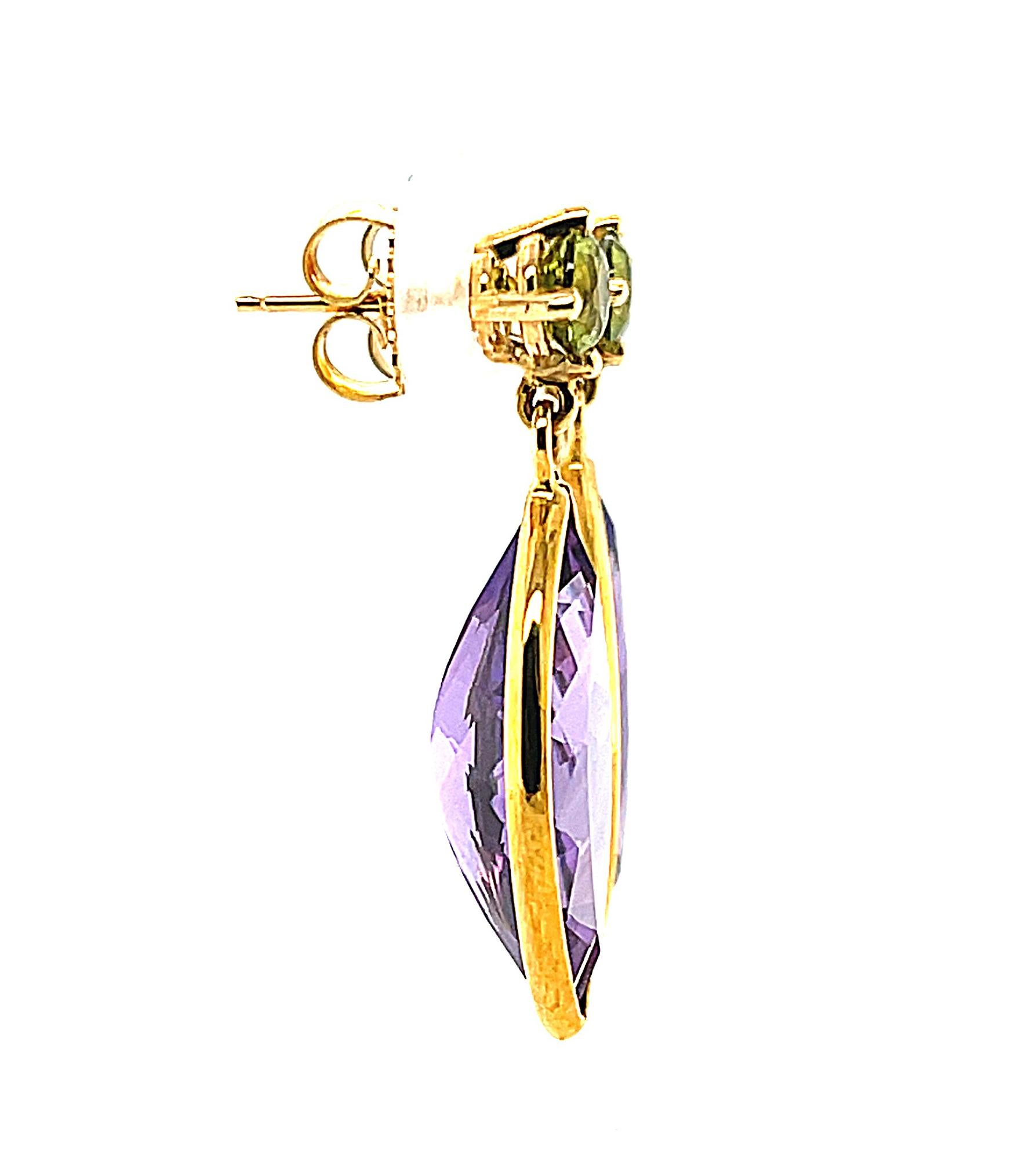 Artisan Amethyst Marquise and Peridot, 18k Yellow Gold Bezel Dangle Drop Post Earrings