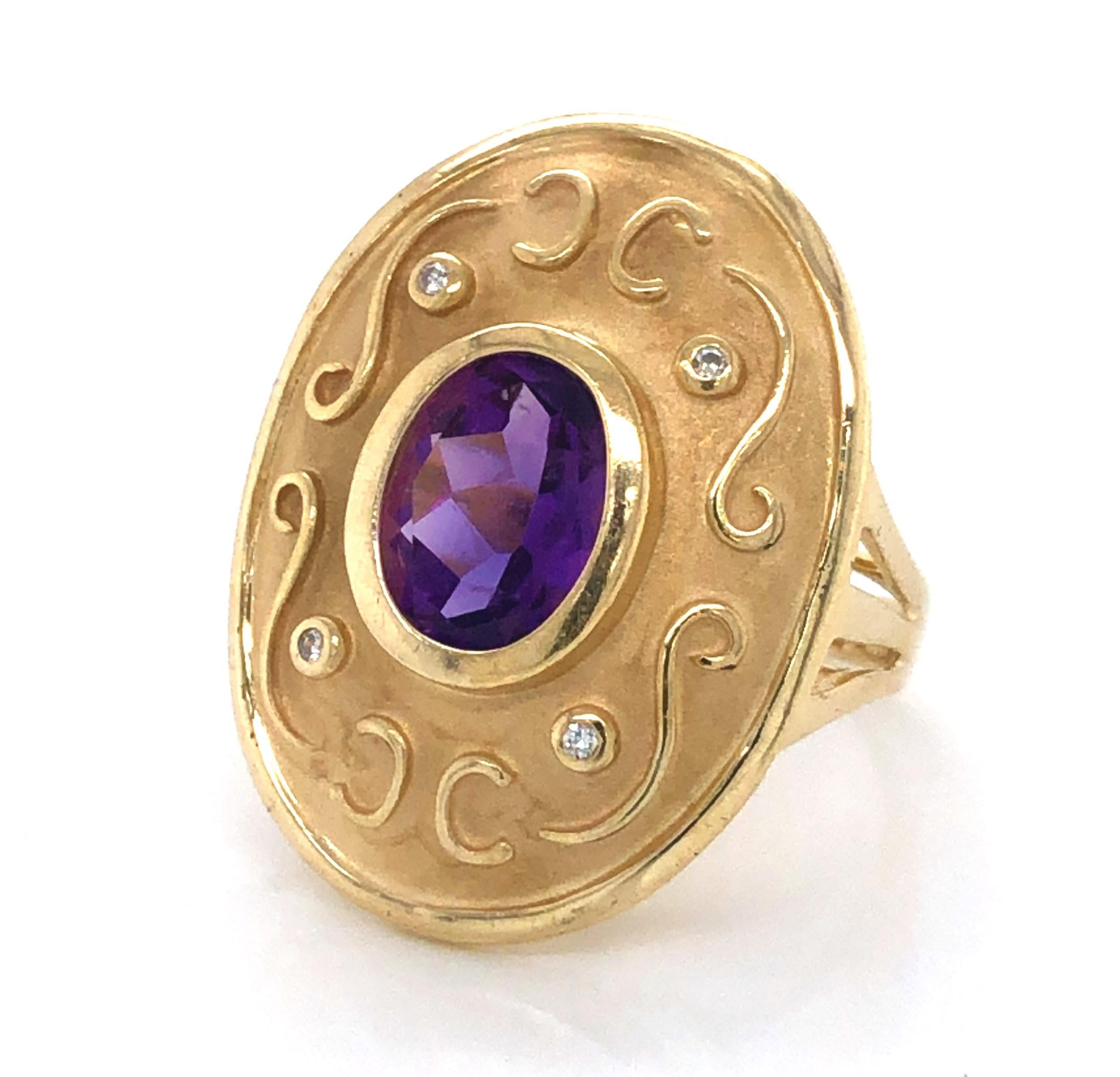 Oval Cut Amethyst Matte Gold Medallion Ring with Diamond Accents