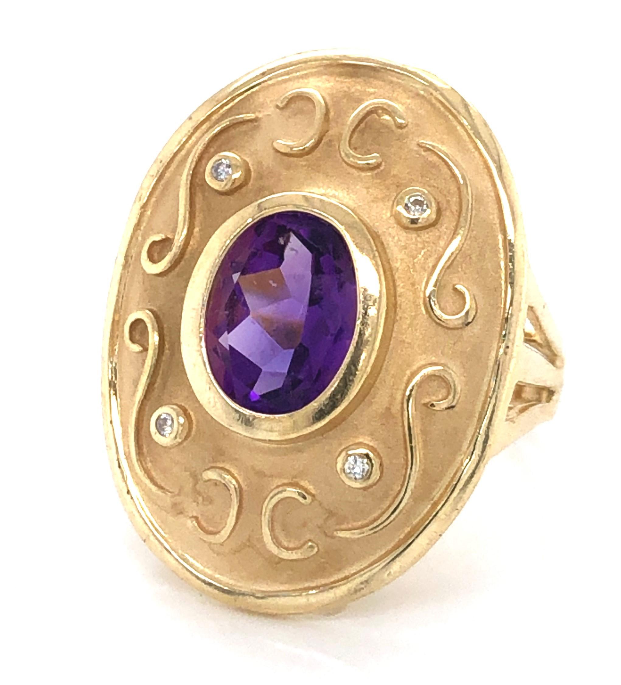 Women's Amethyst Matte Gold Medallion Ring with Diamond Accents