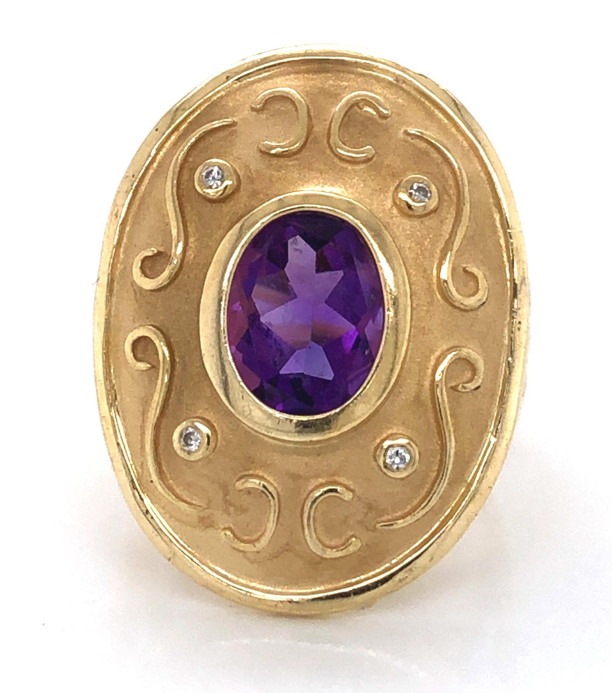 Amethyst Matte Gold Medallion Ring with Diamond Accents 1
