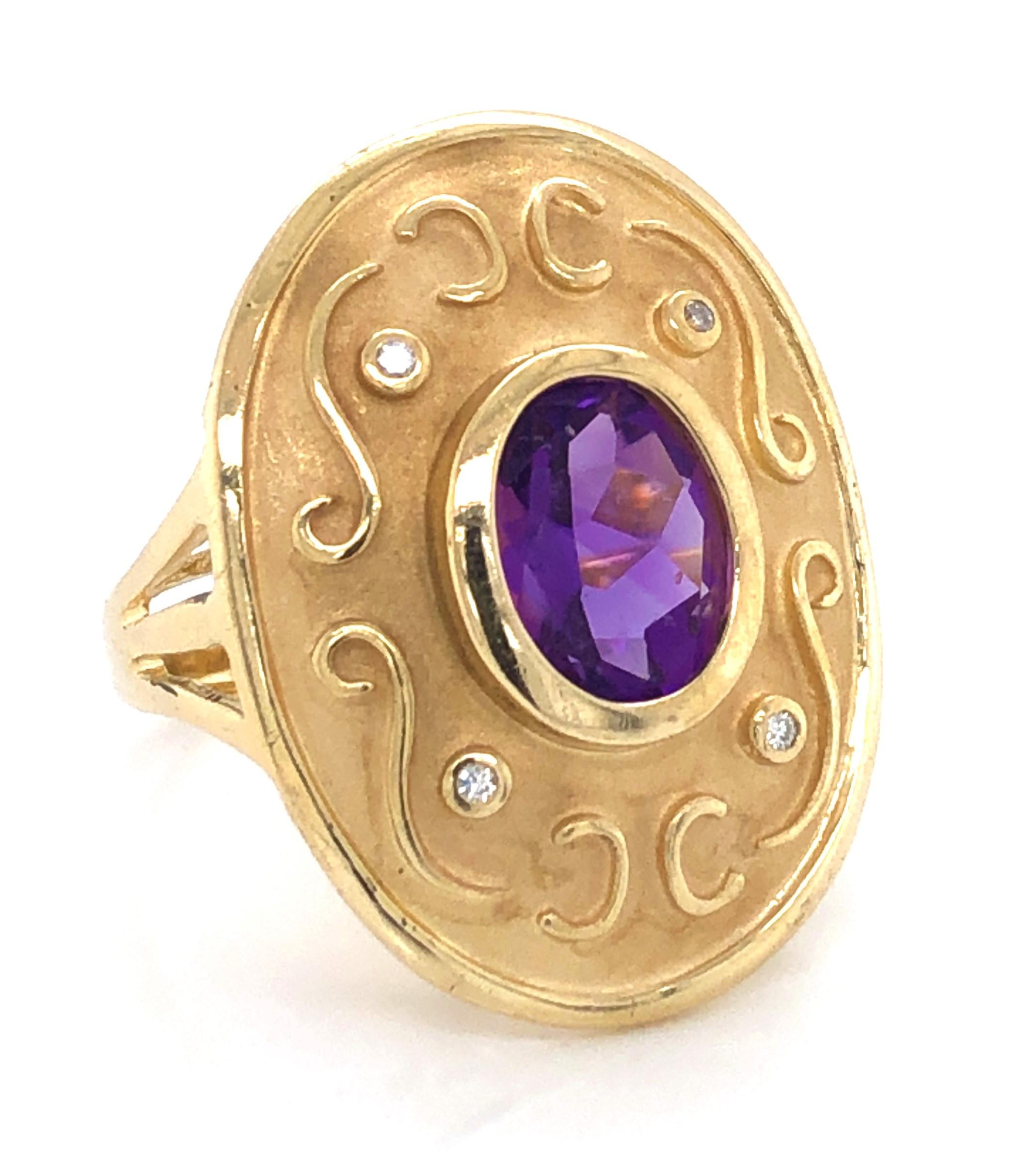 Amethyst Matte Gold Medallion Ring with Diamond Accents 2
