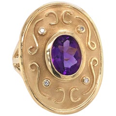 Amethyst Matte Gold Medallion Ring with Diamond Accents