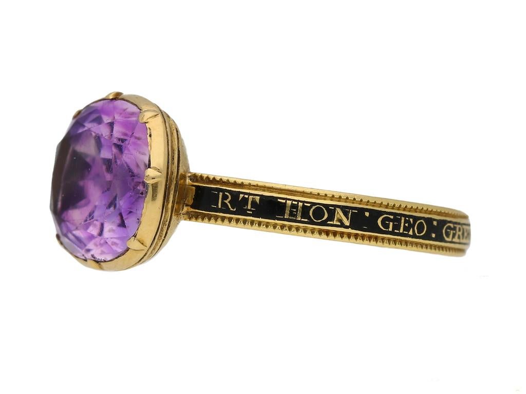 Amethyst memorial ring for the Right Honourable George Grenville (British Prime Minister, 1763-1765). Set to centre with one cushion shape old cut amethyst in a closed back cut-down setting with an approximate weight of 5.00 carats, to a solitaire