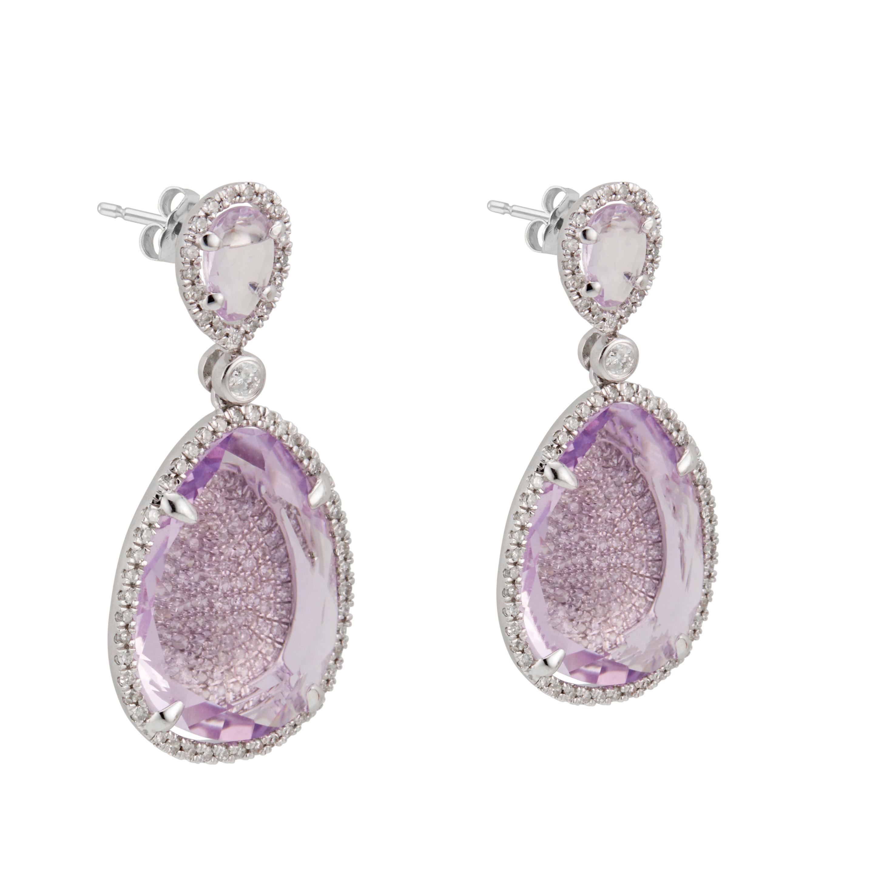 Pear Cut Amethyst Micro Pave Diamond Halo Gold Dangle Earrings For Sale