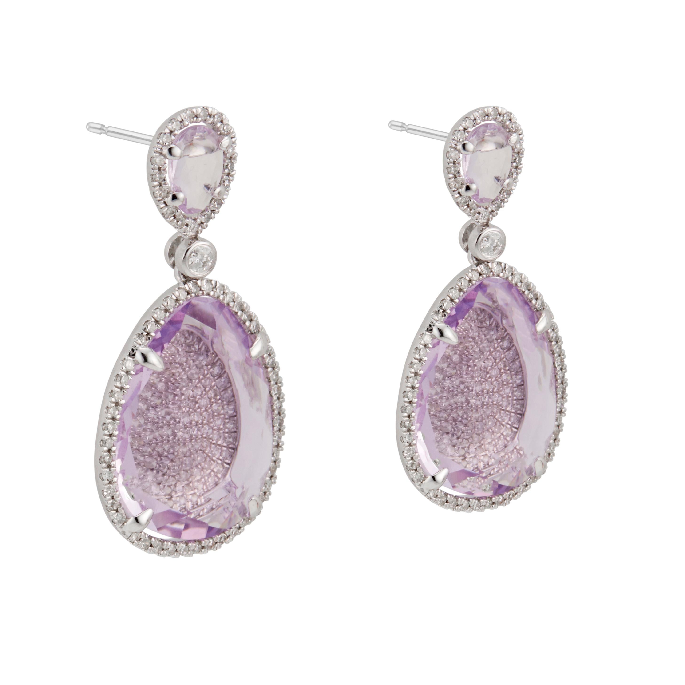 Amethyst Micro Pave Diamond Halo Gold Dangle Earrings In Good Condition For Sale In Stamford, CT