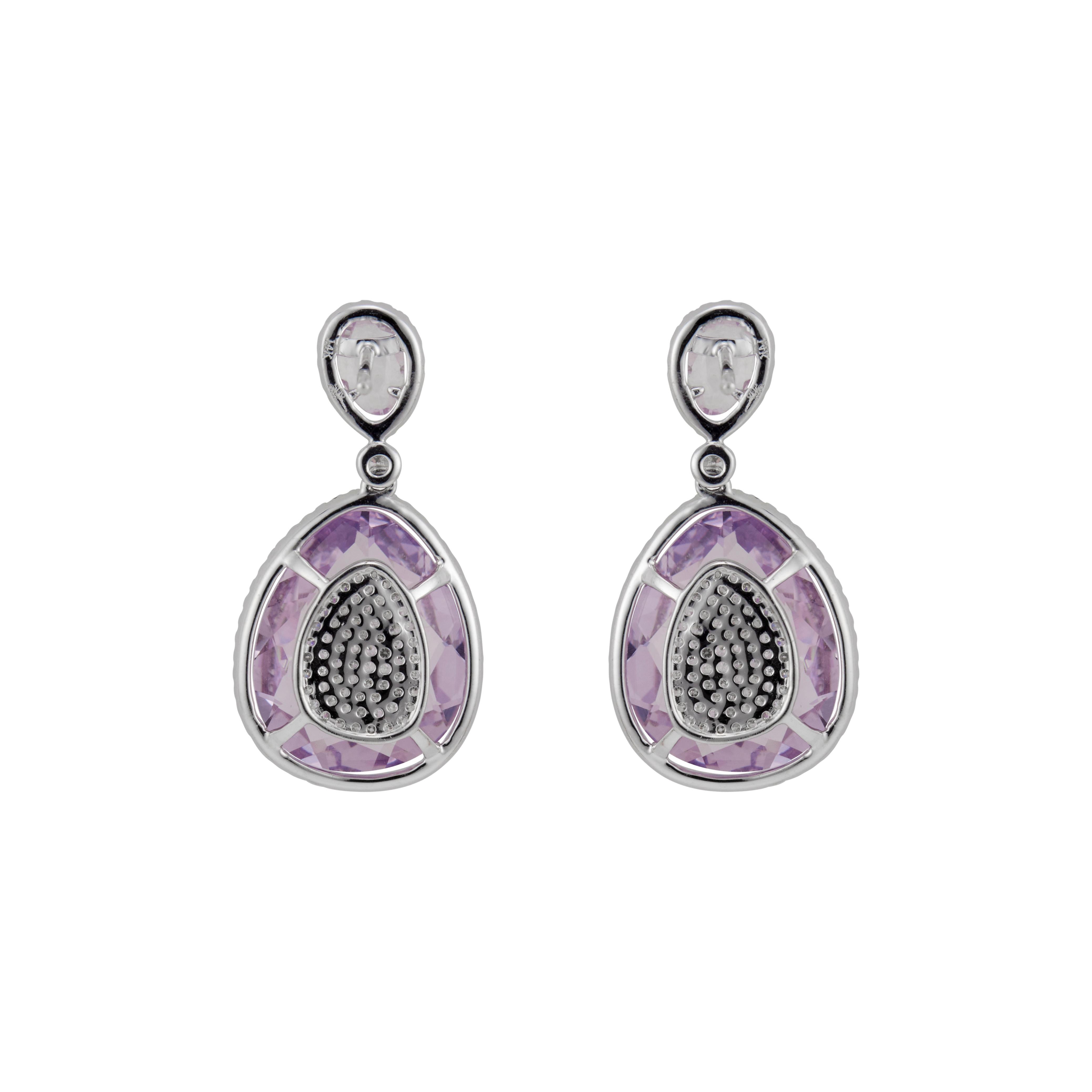 Women's Amethyst Micro Pave Diamond Halo Gold Dangle Earrings For Sale