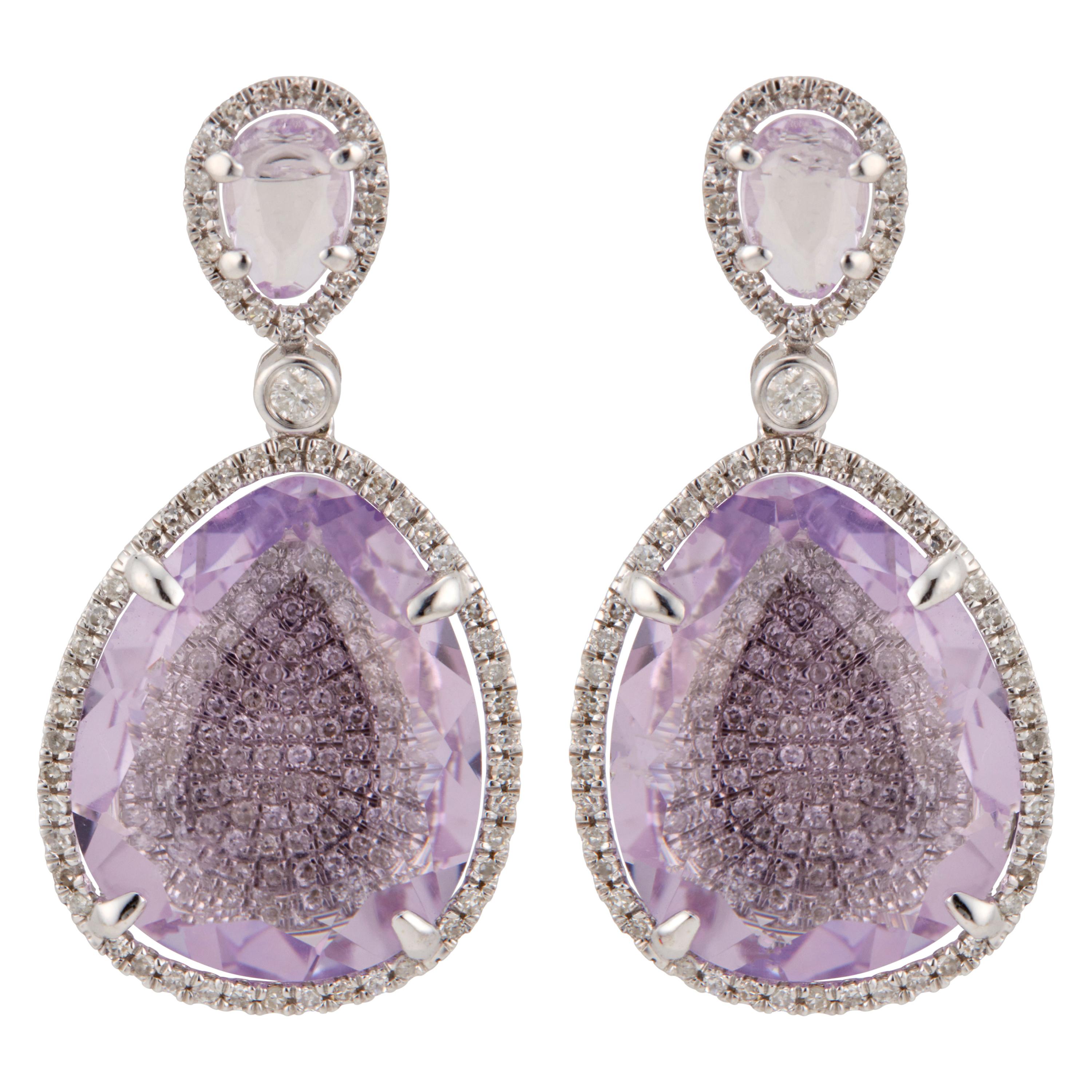 Amethyst Micro Pave Diamond Halo Gold Dangle Earrings For Sale