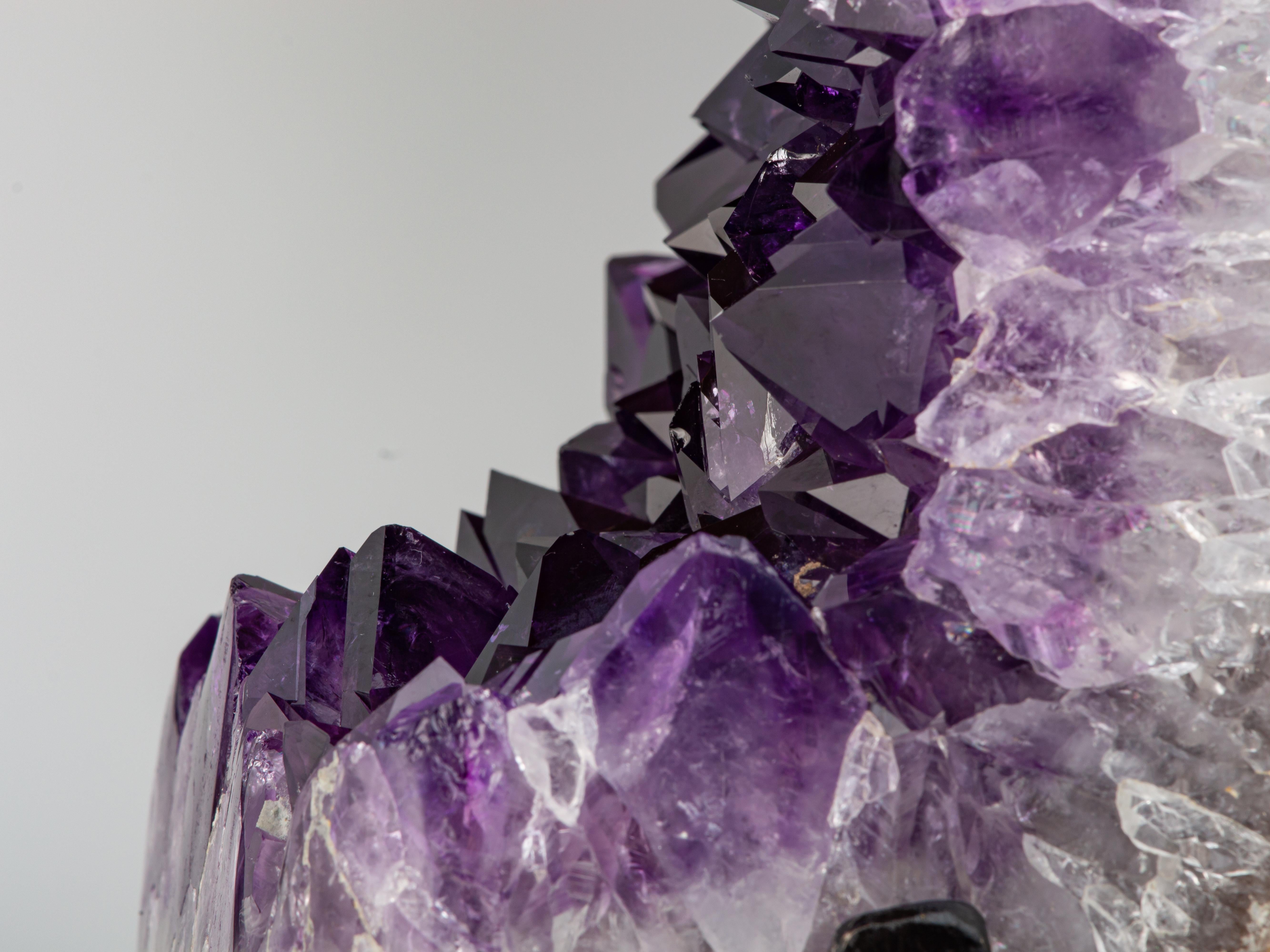 Amethyst Mineral Sculpture with High Crystal Peaks on Metal Stand For Sale 3