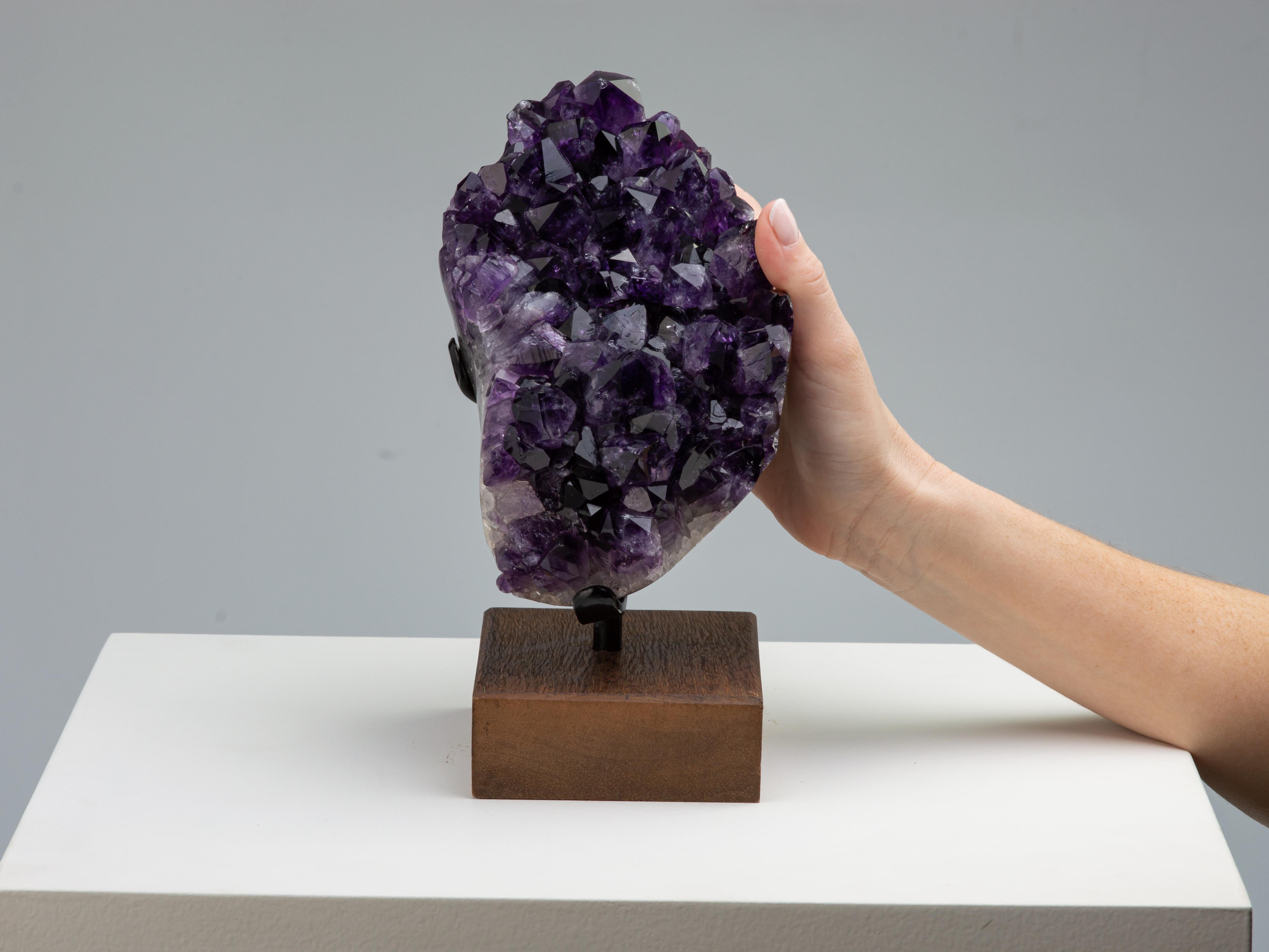 Amethyst Mineral Specimen with High Crystal Peaks on Wooden Stand For Sale 4