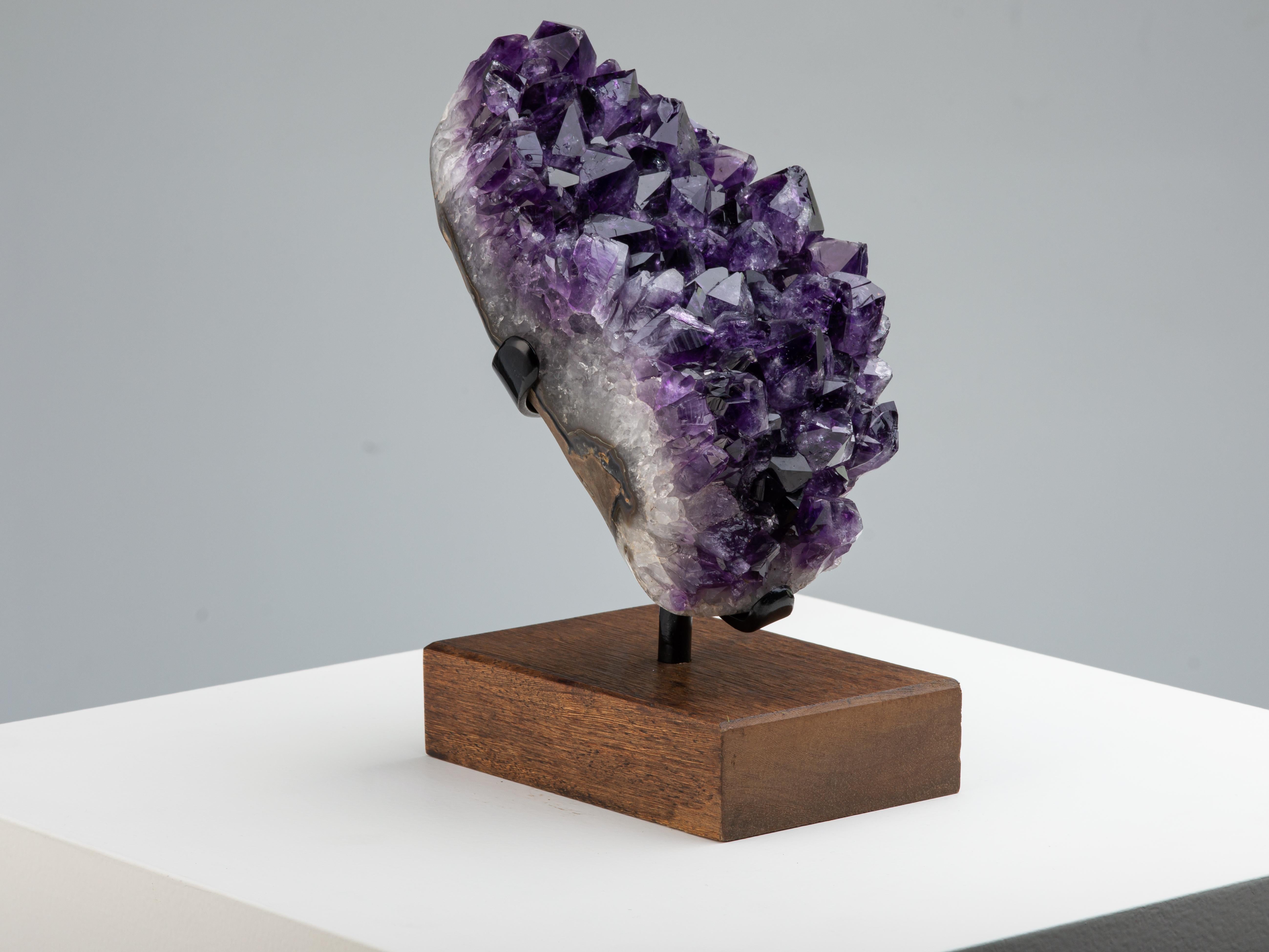 Amethyst Mineral Specimen with High Crystal Peaks on Wooden Stand In Excellent Condition For Sale In London, GB