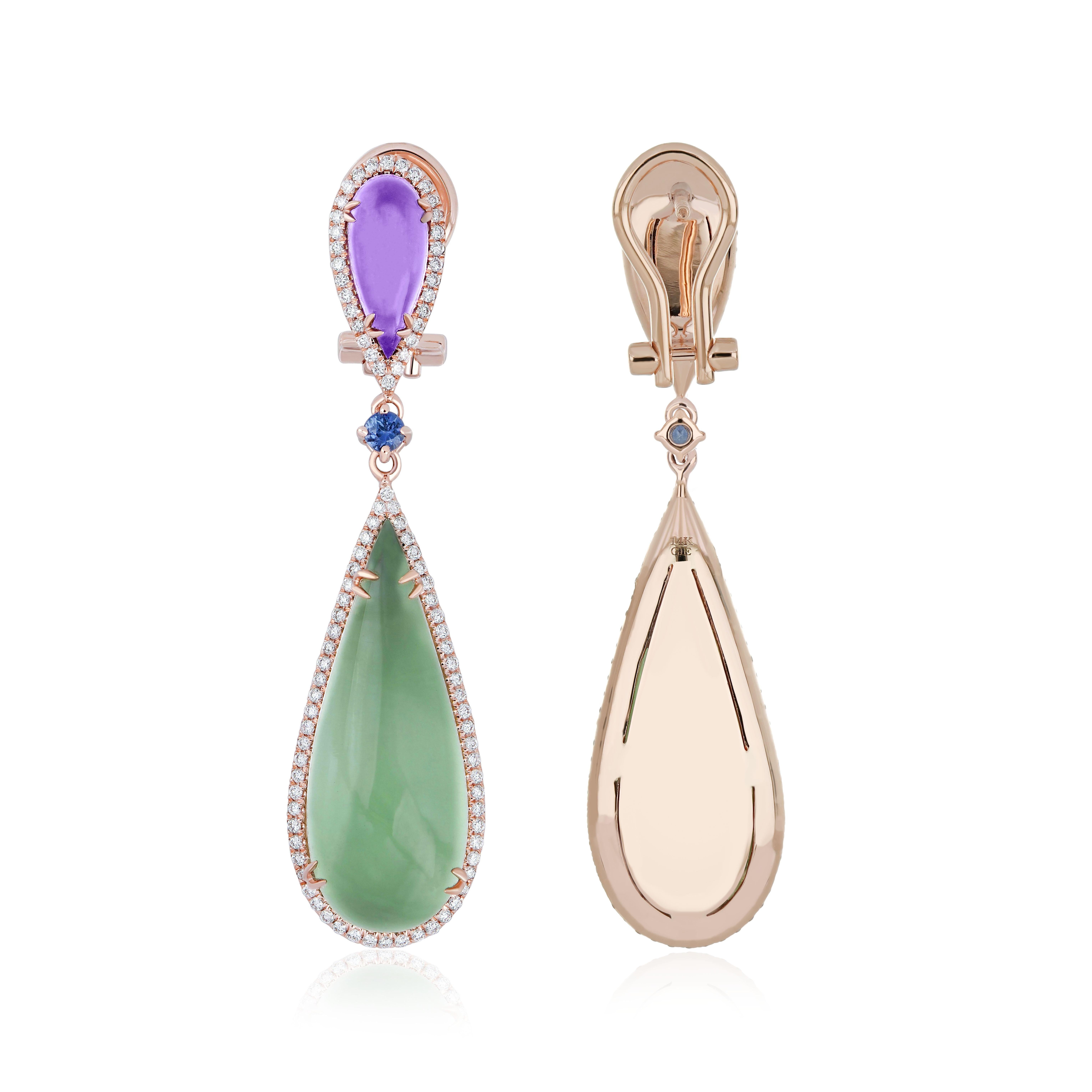 Experience the Epitome of Luxury: A Stunning Jewelry Set Crafted in 14K Rose Gold.

The Ring: Submerge Yourself in Opulent Splendor with a Central   9.70-Carat (approx.)Pear-Cut Mint Quartz Swathed in a Delicate Halo of Micro-Pave Diamonds Weighing