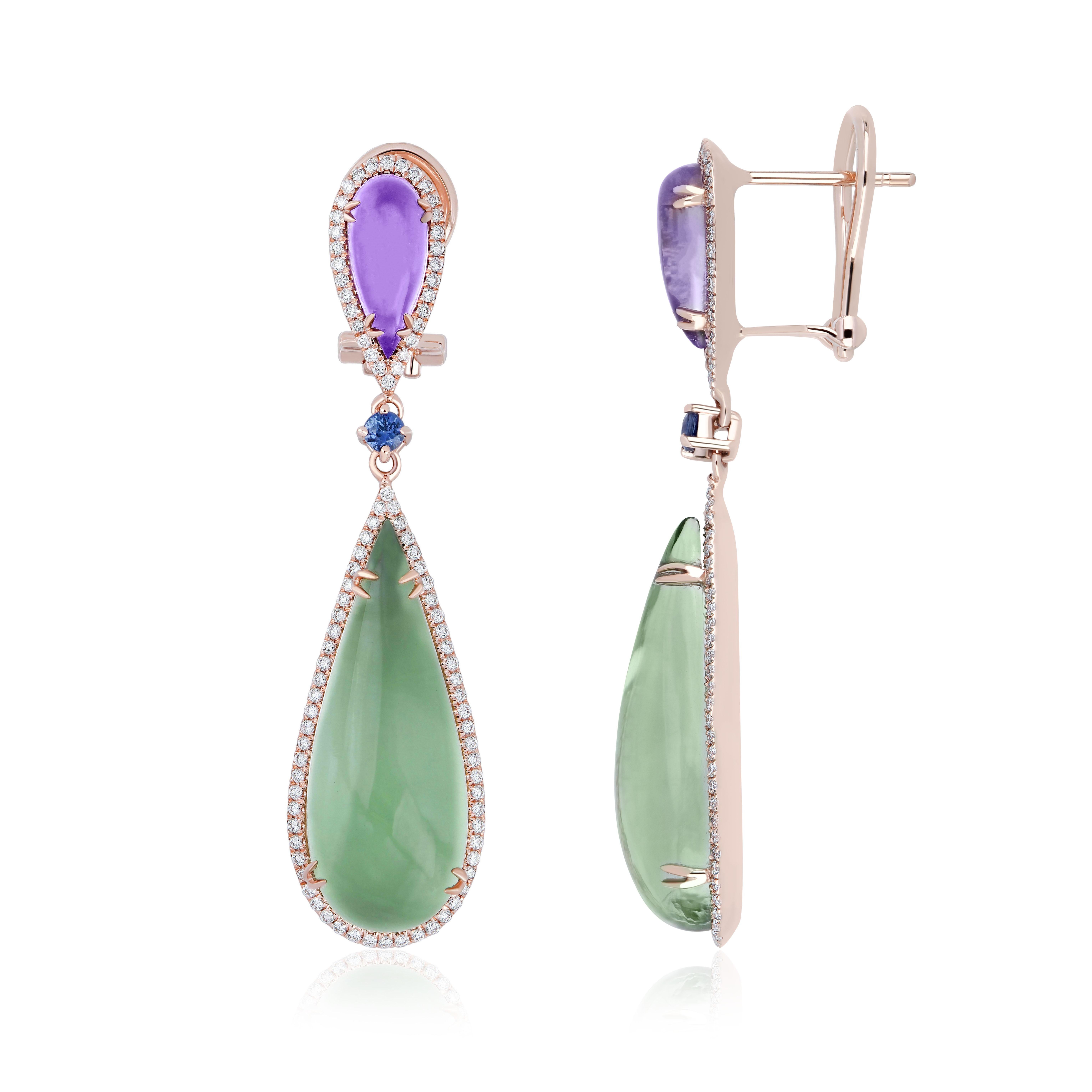 Modern Amethyst, Mint Quartz, Blue sapphire & Diamond Ring, Earring & Pendant 14k Set For Sale