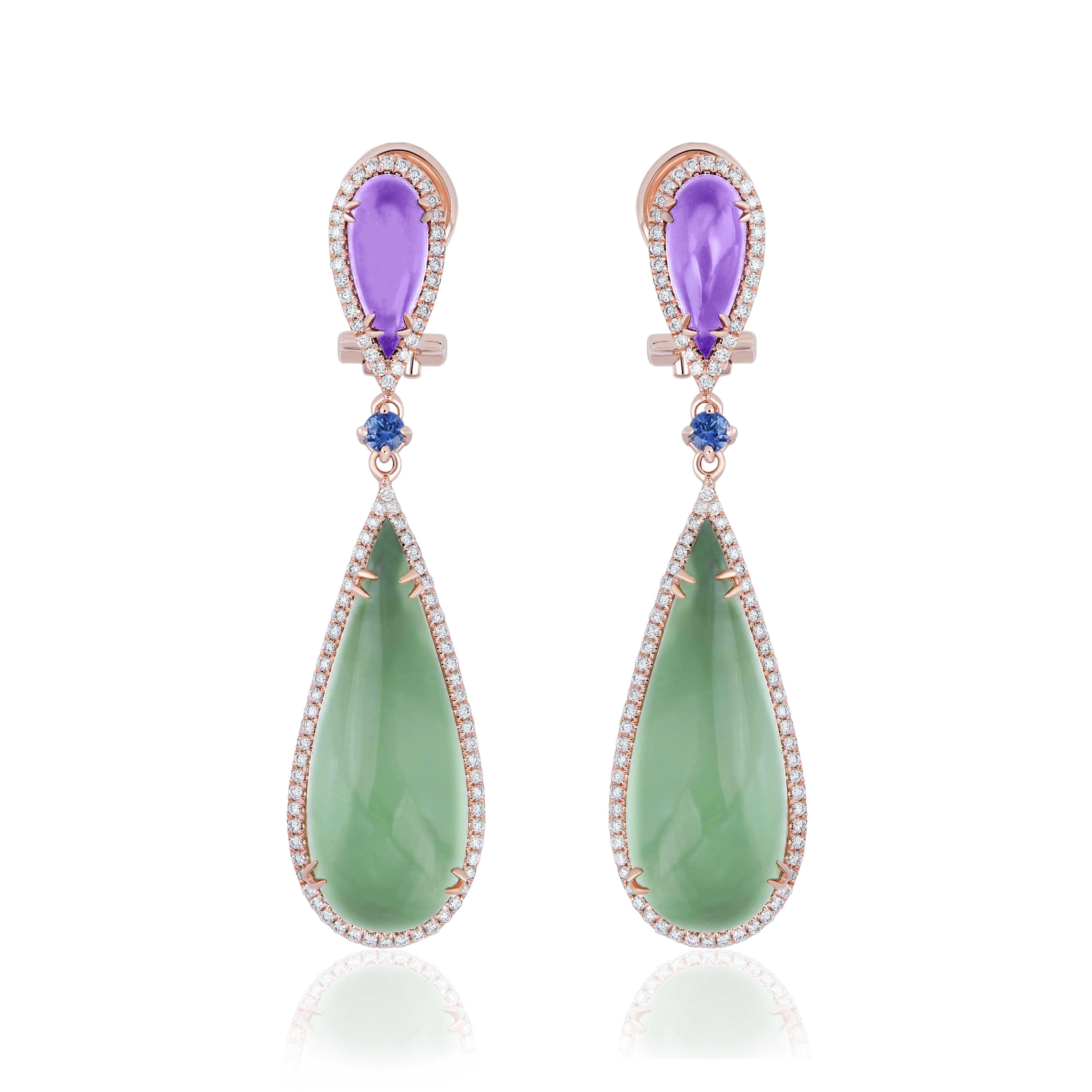 Amethyst, Mint Quartz, Blue sapphire & Diamond Ring, Earring & Pendant 14k Set In New Condition For Sale In JAIPUR, IN