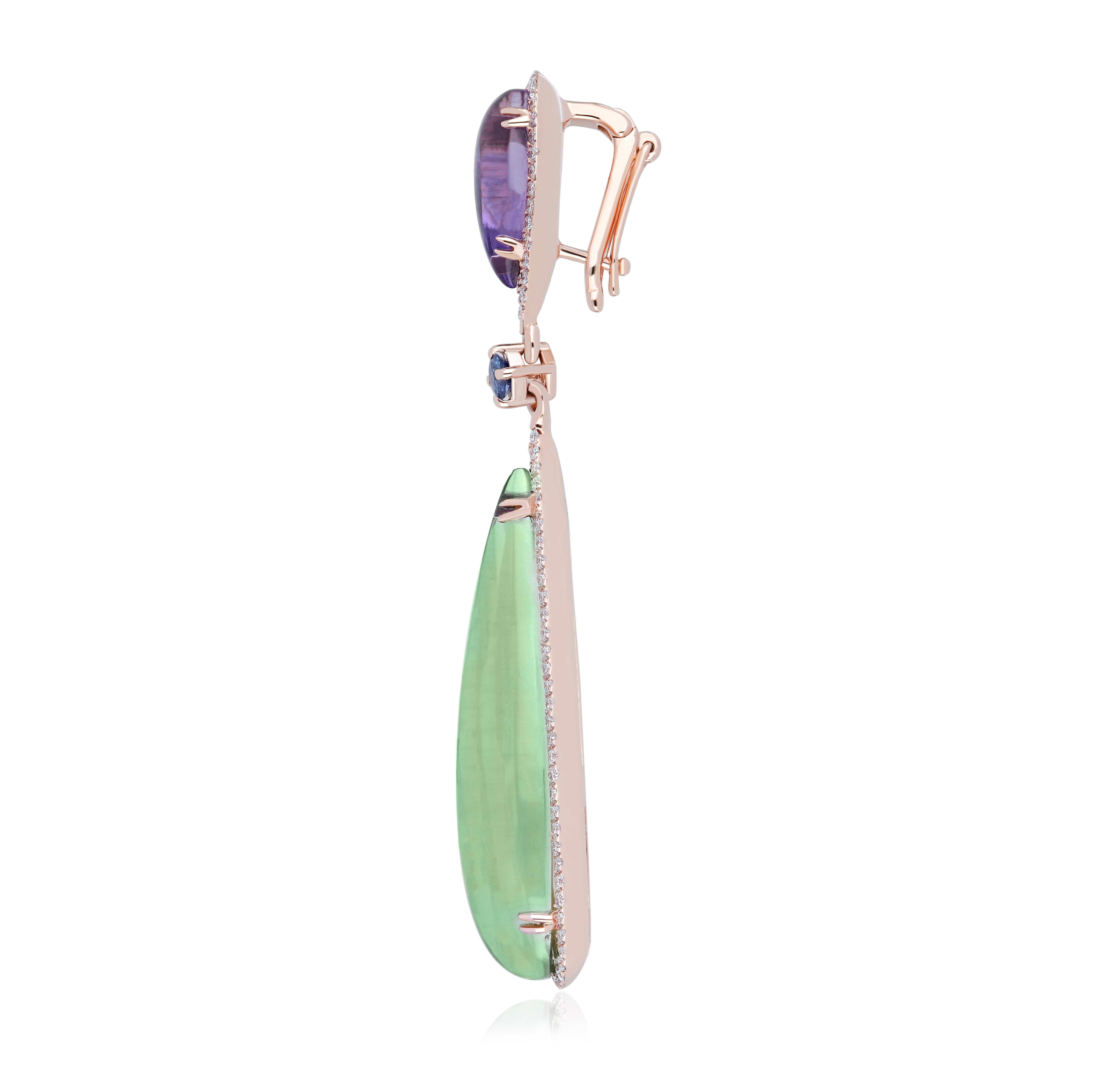 Amethyst, Mint Quartz, Blue sapphire & Diamond Ring, Earring & Pendant 14k Set For Sale 3