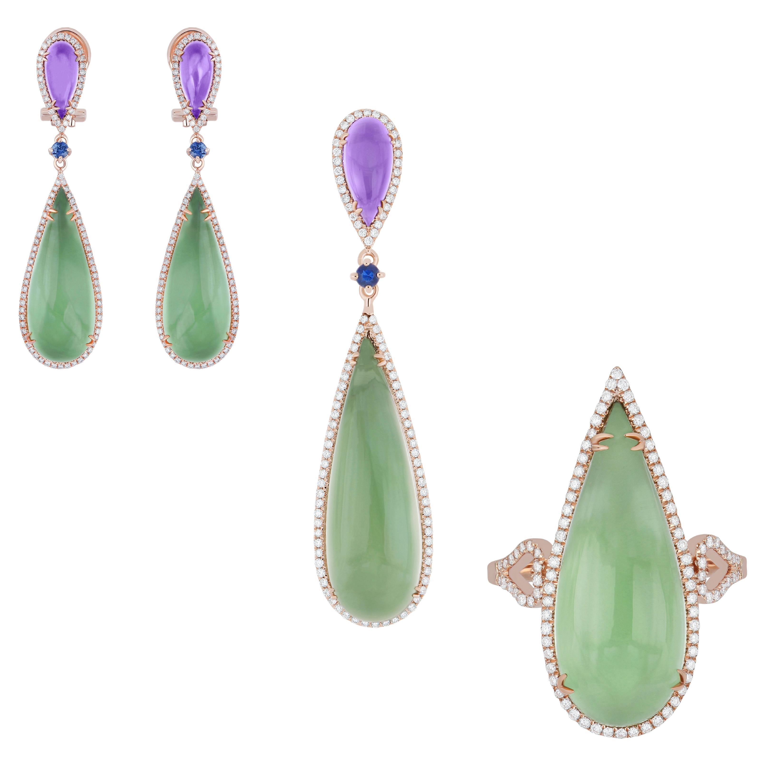 Amethyst, Mint Quartz, Blue sapphire & Diamond Ring, Earring & Pendant 14k Set For Sale