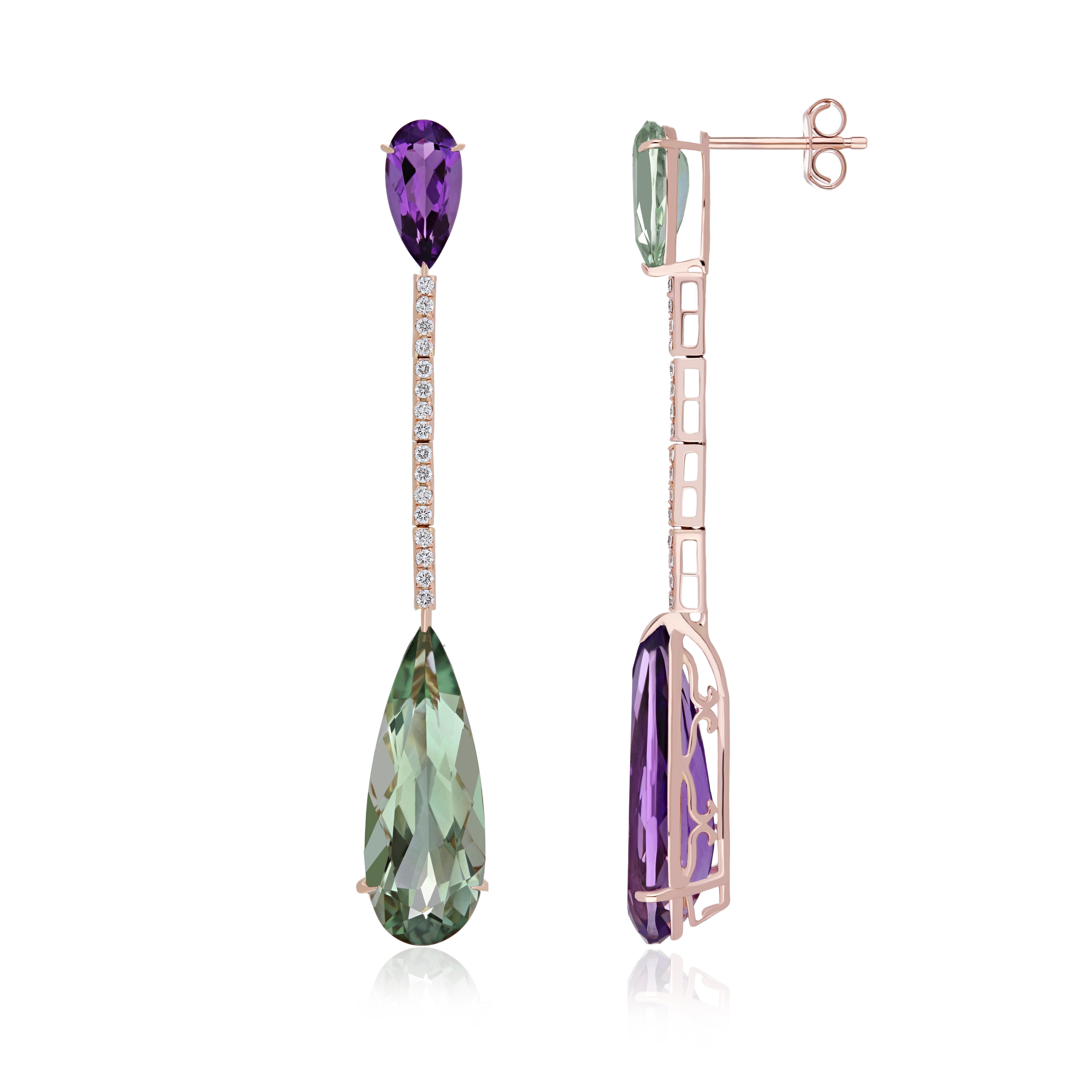 Elegant and Exquisitely Detailed 14Karat Rose Gold uniquely mismatched pair of Earrings adorned with Pear Shape Mint Quartz weighing approx.6.65Cts (total.), in contrast with Pear Shape Amethyst weighing approx. 6.60Cts (total), and micro prove Set