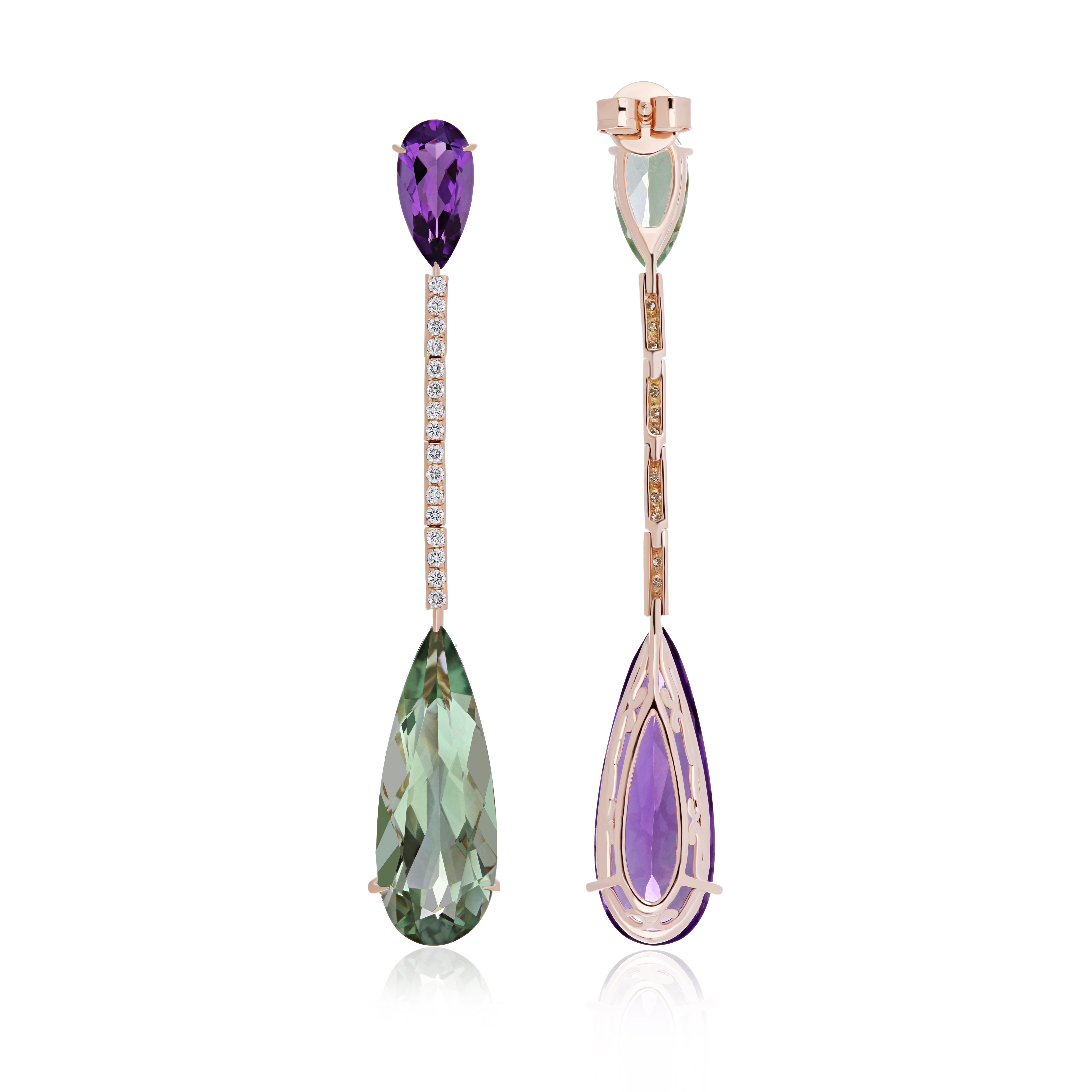 Pear Cut Amethyst, Mint Quartz & Diamond Studded Drop Earrings in 14 karat Rose Gold For Sale