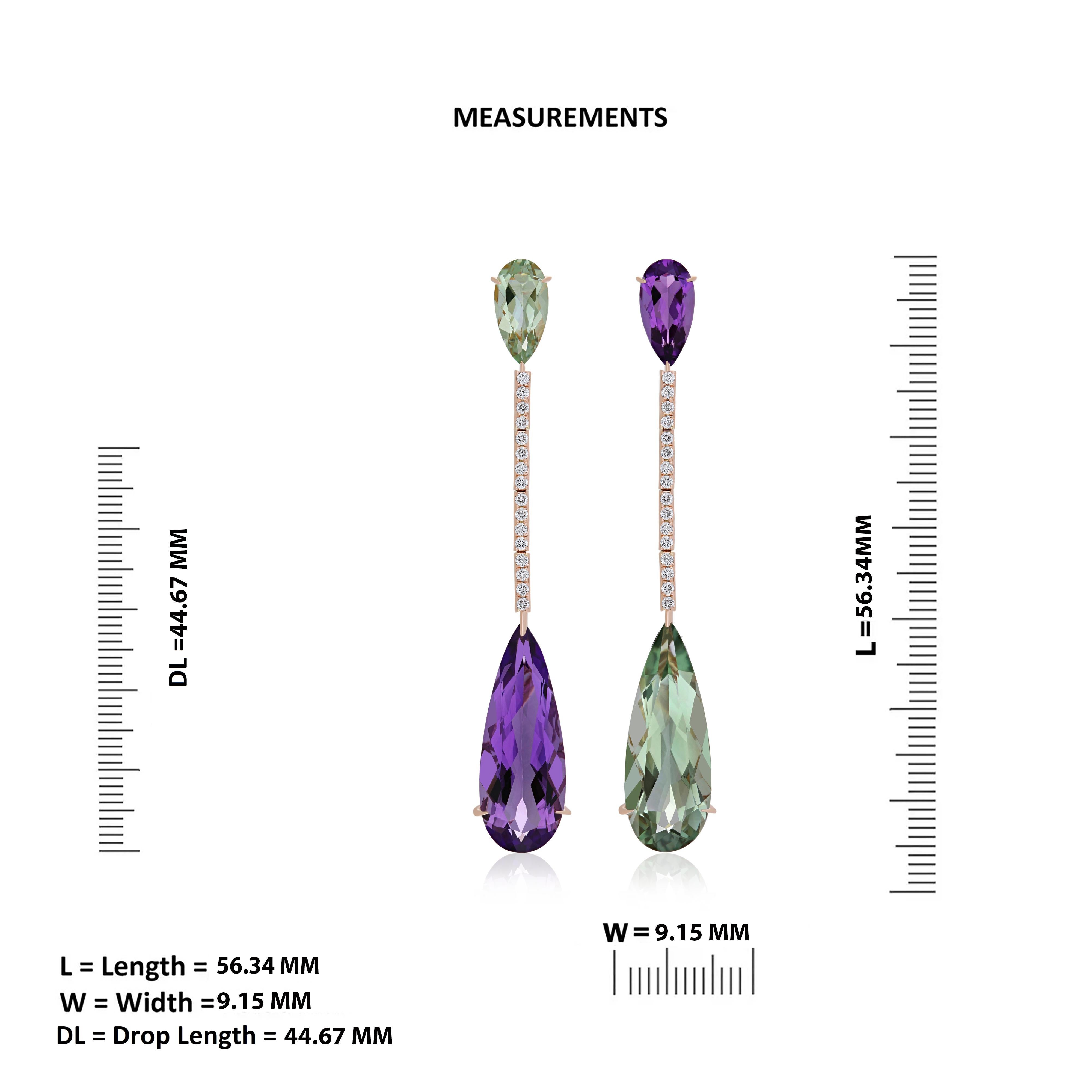 Amethyst, Mint Quartz & Diamond Studded Drop Earrings in 14 karat Rose Gold In New Condition For Sale In JAIPUR, IN