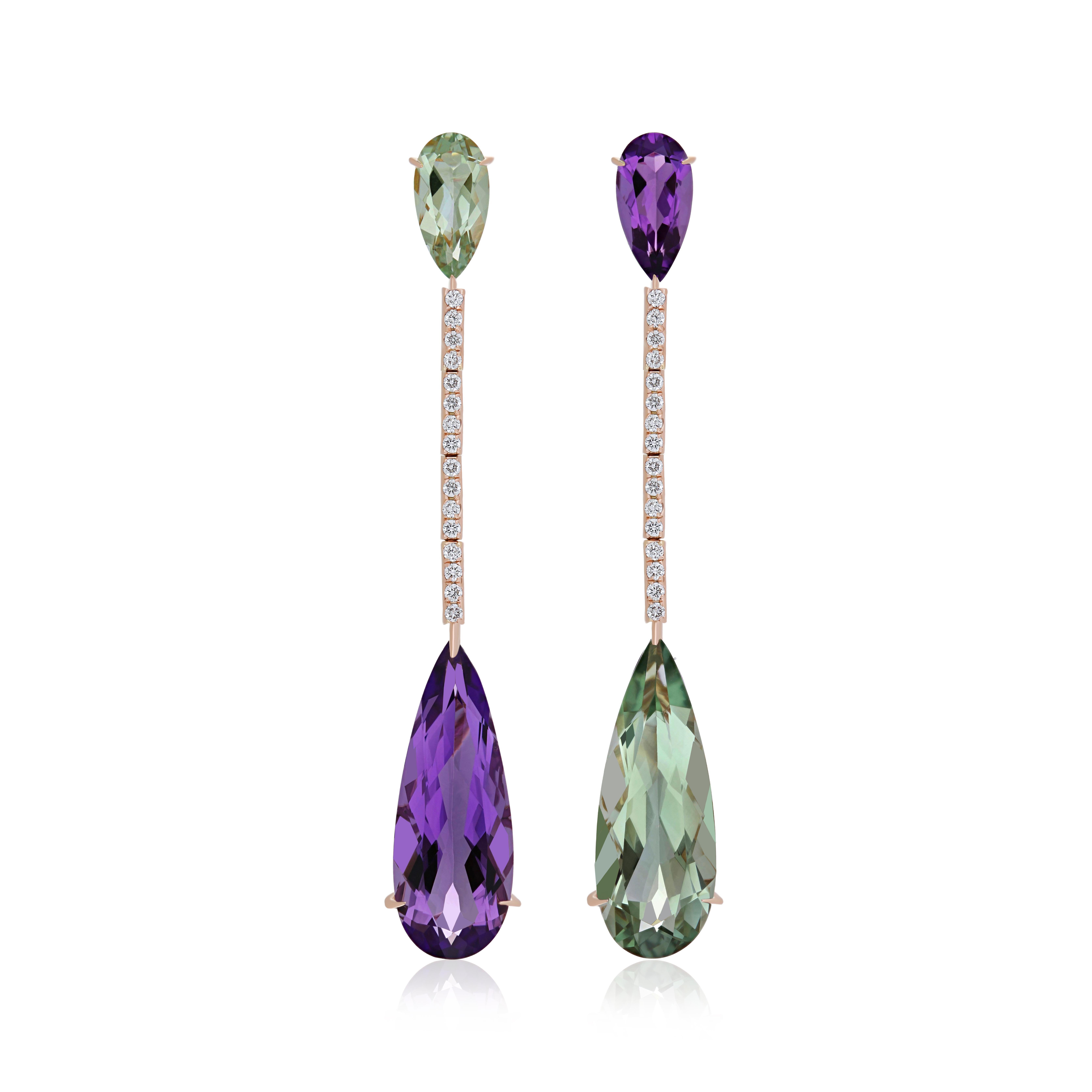 Women's Amethyst, Mint Quartz & Diamond Studded Drop Earrings in 14 karat Rose Gold For Sale