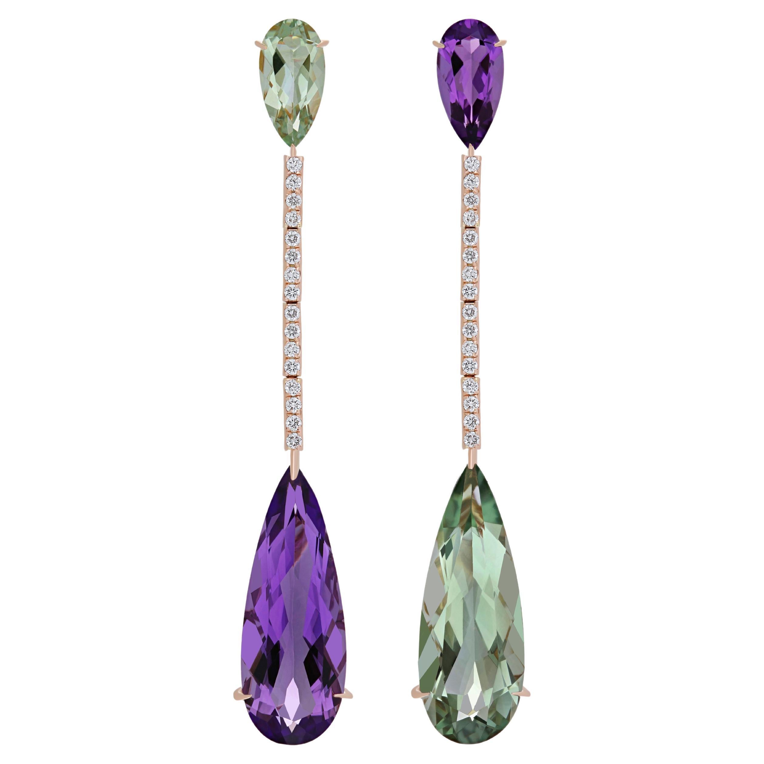 Amethyst, Mint Quartz & Diamond Studded Drop Earrings in 14 karat Rose Gold For Sale