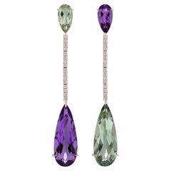 Amethyst, Mint Quartz & Diamond Studded Drop Earrings in 14 karat Rose Gold