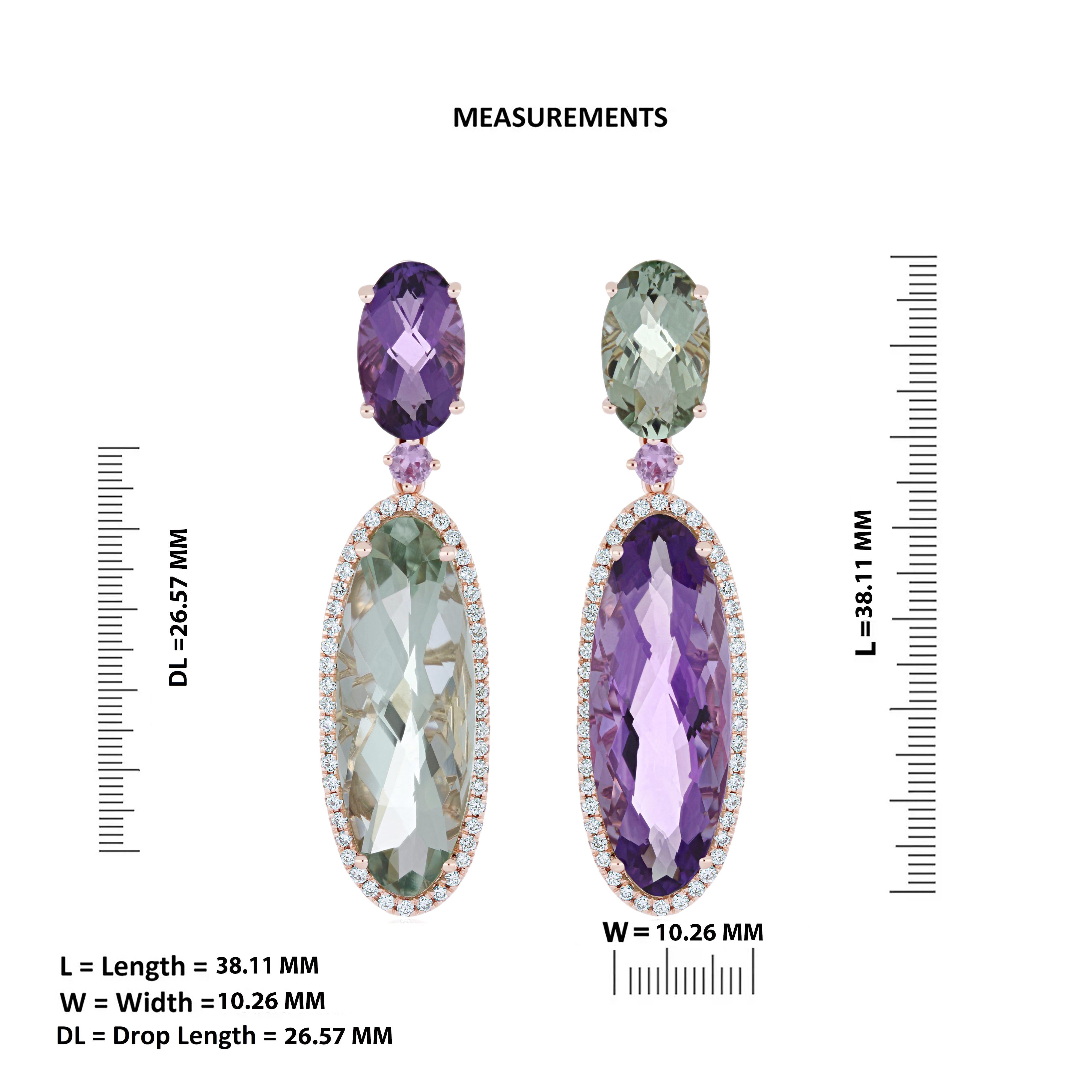 Mixed Cut Amethyst, Mint Quartz, Pink Sapphire & Diamond Earring in 14k Rose Gold Earring For Sale